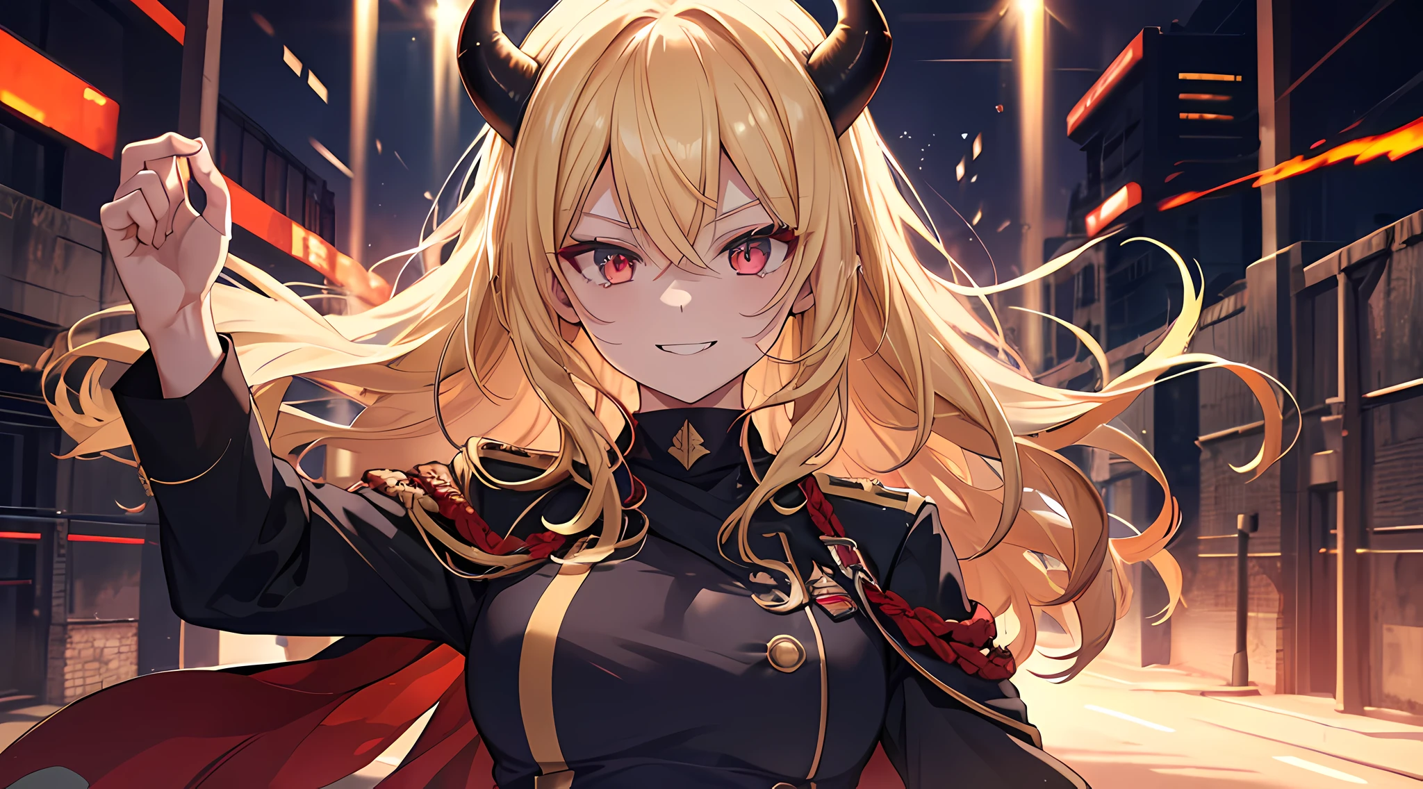 (1 demon girl), front lighting, demon horns, military uniform, detailed face, walking in military base full of military jet, blonde hair, glare, wavy hair, toothy smile, evil smile, (half body), front lighting, 8k, masterpiece, ultra HD.