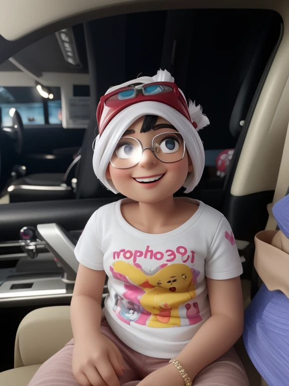 Uma mulher de 34 anos, com cabelos castanhos curtos, Rosto redondo, rosto redondo com sorriso encantador, e olhos castanhos claros, wearing glasses.