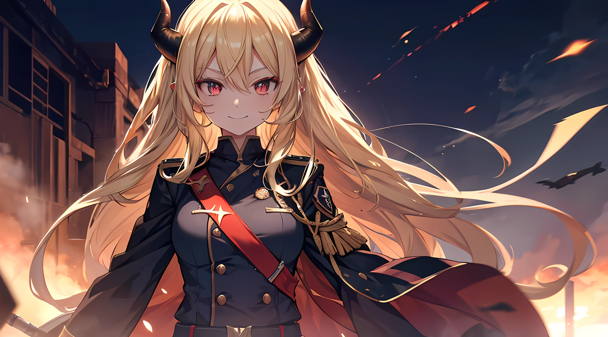 (1 demon girl), front lighting, demon horns, military uniform, detailed face, walking in military base full of military jet, blonde hair, glare, wavy hair, toothy smile, evil smile, (half body), front lighting, 8k, masterpiece, ultra HD.