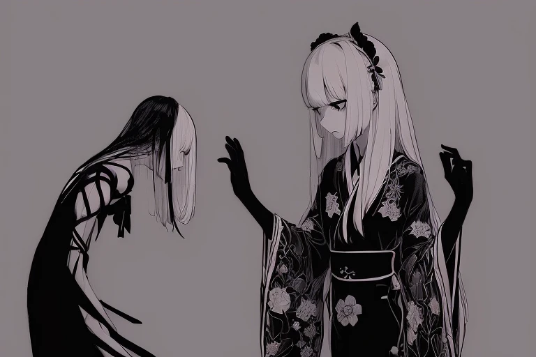 (a very delicate and beautiful)、female pervert、(Maniacal)、Kimono、The human、Gamine、Disgusting、canny、terrifying、独奏、(silhuette)、dark backgrounds、Black figure、(silhuette)、skinny body、The long-haired、Hollow parts、Nero、