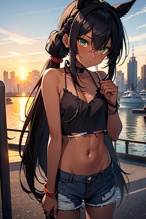 nsfw、masterpiece、best quality、super detailed skin、full body shot、1catgirl、mature、jadegreen eyes、skin/(dark skin)、horse ears、horse tail atatched on tailbone、hair/(braided side pigtails)、flipped hair、midnight black hair、wide cleavage、small torn bikini-top、small lace crop-top、(((torn hot-pants)))、upper arms/(leather ribbons)、wrists/(bracelets)、background/(sunset city-harbor)