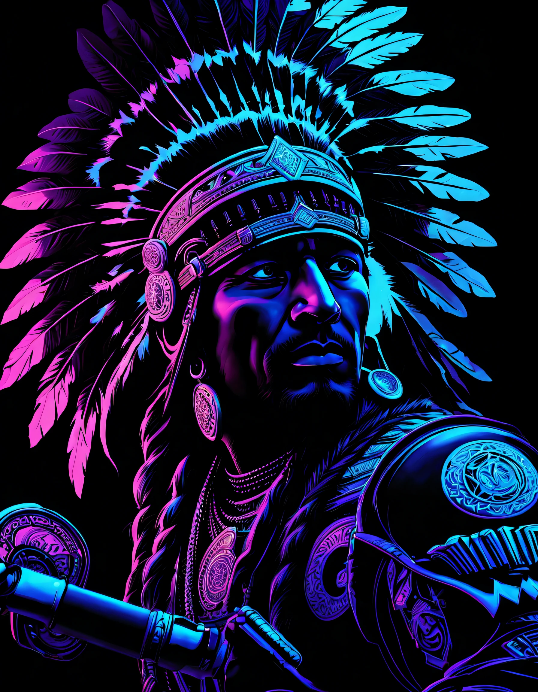 （Black light poster art )，（indian chief），Black light poster art ，with black background，hight contrast, high saturated