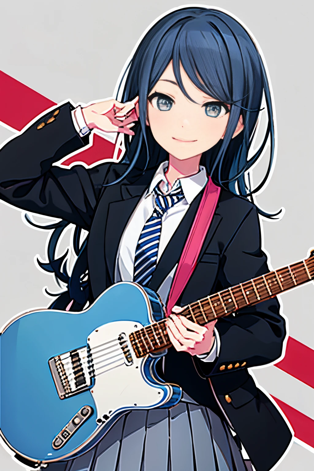 ichika3rd, looking at viewer, smile, skirt, , shirt, long sleeves, holding, closed mouth, school uniform, blue hair, jacket, white shirt, upper body, pleated skirt, open clothes, necktie, striped, collared shirt, nail polish, open jacket, fingernails, blazer, red necktie,  instrument, tsurime, outline, grey jacket, guitar, white outline, striped necktie, holding instrument, diagonal stripes, electric guitar, diagonal-striped necktie