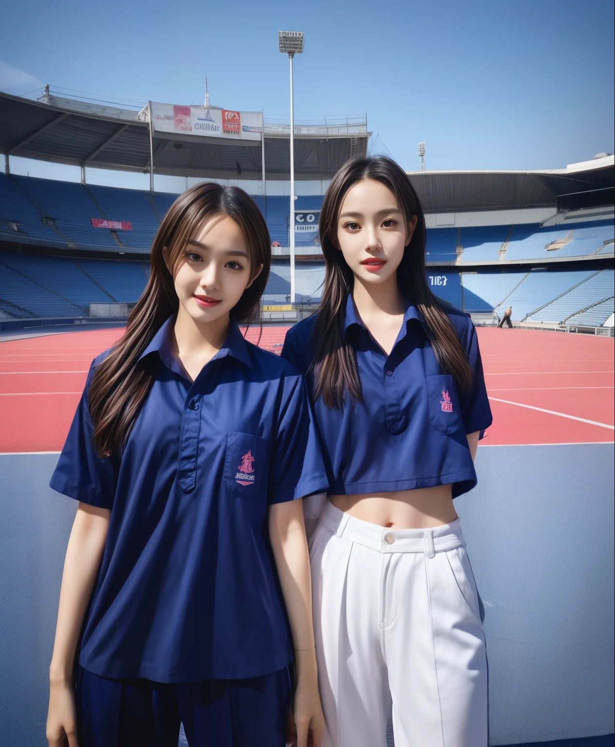 (bestquality,10,10,highres,masterpiece:1.2),ultra-detail,(Realistic,photorealistic portrait,photo-realistic:1.37),1 Cute girl in the football field,oily shiny skin,bara,light smile,BDclothes,((blue shirt:1.3)),short sleeves,shirt, trousers.,(navy_long_Pants Track:1.1), ((Stadium Background:1.3)),dynamic angle,excited,face focus,Dynamic Poses,from behide,Ass Focus,masterpiece, bestquality, ultra realistic, hyper-detail, 8k resolution, RAW photo, crisp focus, ((Navy blue shirt:1.1)), short sleeves, Long Path, Perfect body, 2 mature women, 18yo, cinematic light,Blue sweatpants,Gymware,Correct anatomy,Complete body, Correct body, sharp face, Anatomically correct body, full entire body, Realistic gestures, long-haired, Realistic poses,Wear long shorts.......................,Long leg span,Shapely,Sculpting Girl, Slender Figure, mannequin mannequins, Shapely, Beautiful body,Blue sweatpants, Two girls kissing