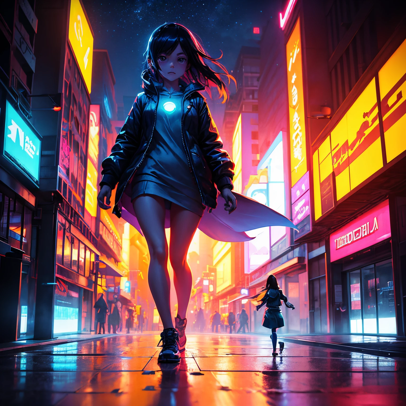 A glowing girl figure, walking down the street holding hands, inspired by Liam Wong, best on adobe stock, cyril rolando and goro fujita, inspired by Chris LaBrooy, by Liam Wong, cinematic neon matte painting, 3 d render beeple, hero pose beautiful mountainside, makoto shinkai cyril rolando