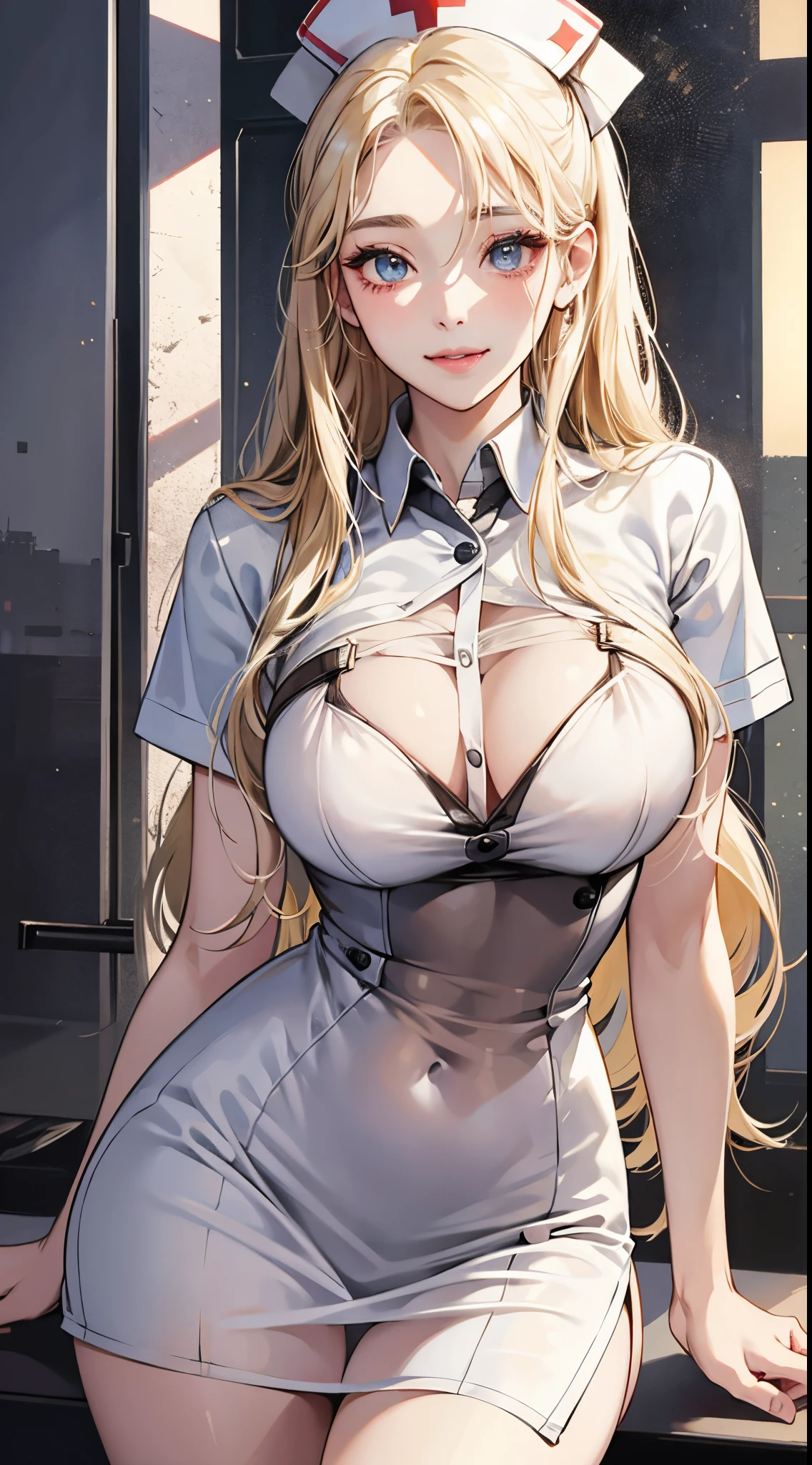 top-quality、realistic touch,high-detail、photoRealstic、Long body、captive beauty、big eye、huge tit、Strong platinum blonde eyelashes、platinum-blonde、Beautie、A sexy、full body Esbian、Sparkling eyes、Submissive smile、Flushed cheeks、Kamimei、thin-waist、Voluptuous thighs、Enraptured look、Raked bangs、The forehead is protruding、Tight and see-through nurse uniform