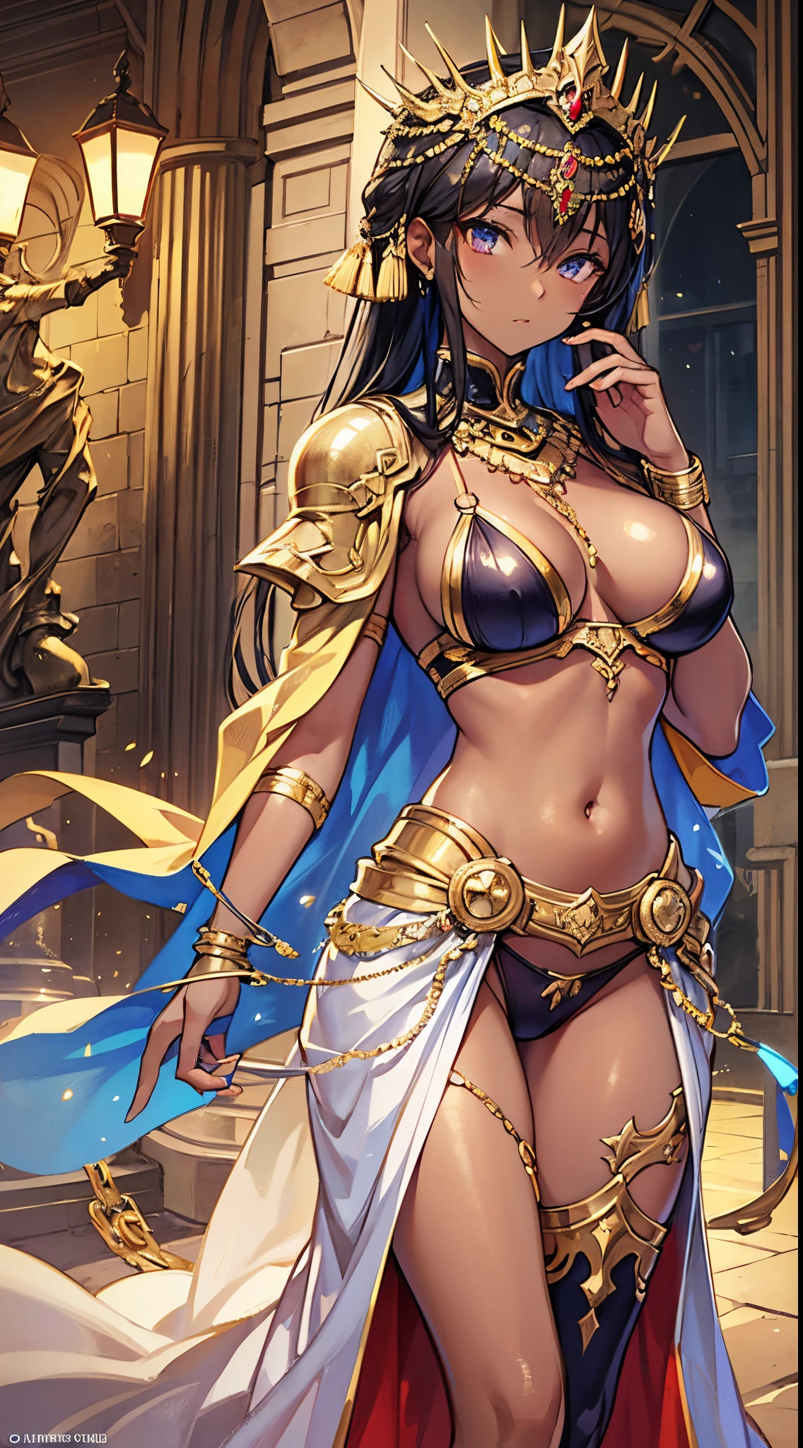 {{Best quality}}, art cg, {{ultra - detailed}}, {{lamplight}}, astounding, Detailed pubic hair, extremaly detailed cg, beautiful detail glow, Art Book,Art books,Art books,Art books, Original, 电影lamplight, perfectly shaded, Realistic lights and shadows,(dark skin color) ,(2 Middle Eastern skin color), statues, elongated, shinny hair, (glistning skin), Nipple chains,covered golden robe, collars, tie your hands, handcuff, Tags on the body, Medieval Street