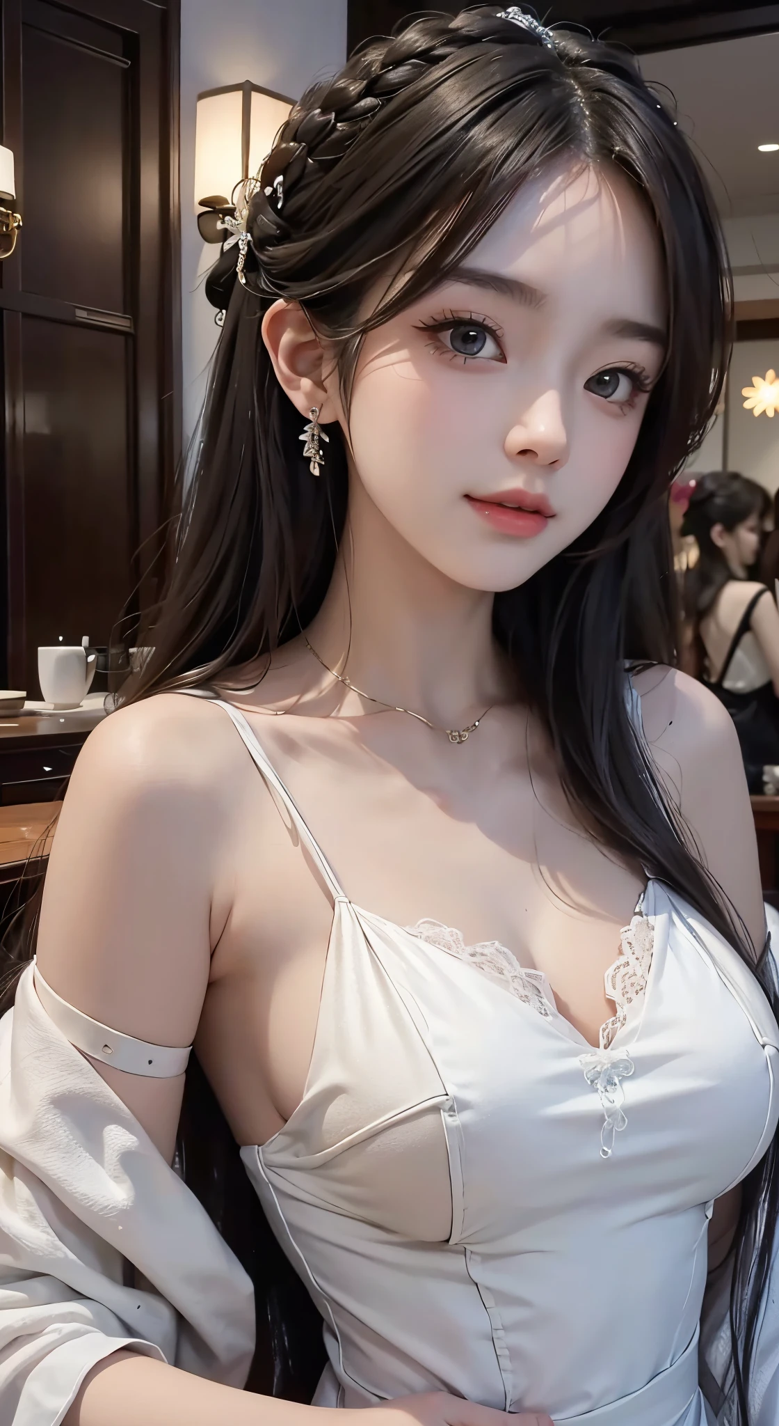 8K Ultra HD, masutepiece, Best Quality, beautiful Girl, Long hair, Impressive hairstyle, beautiful hair decoration, girl, ssmile, A sexy, large boob, Black Dress, lighting like a movie