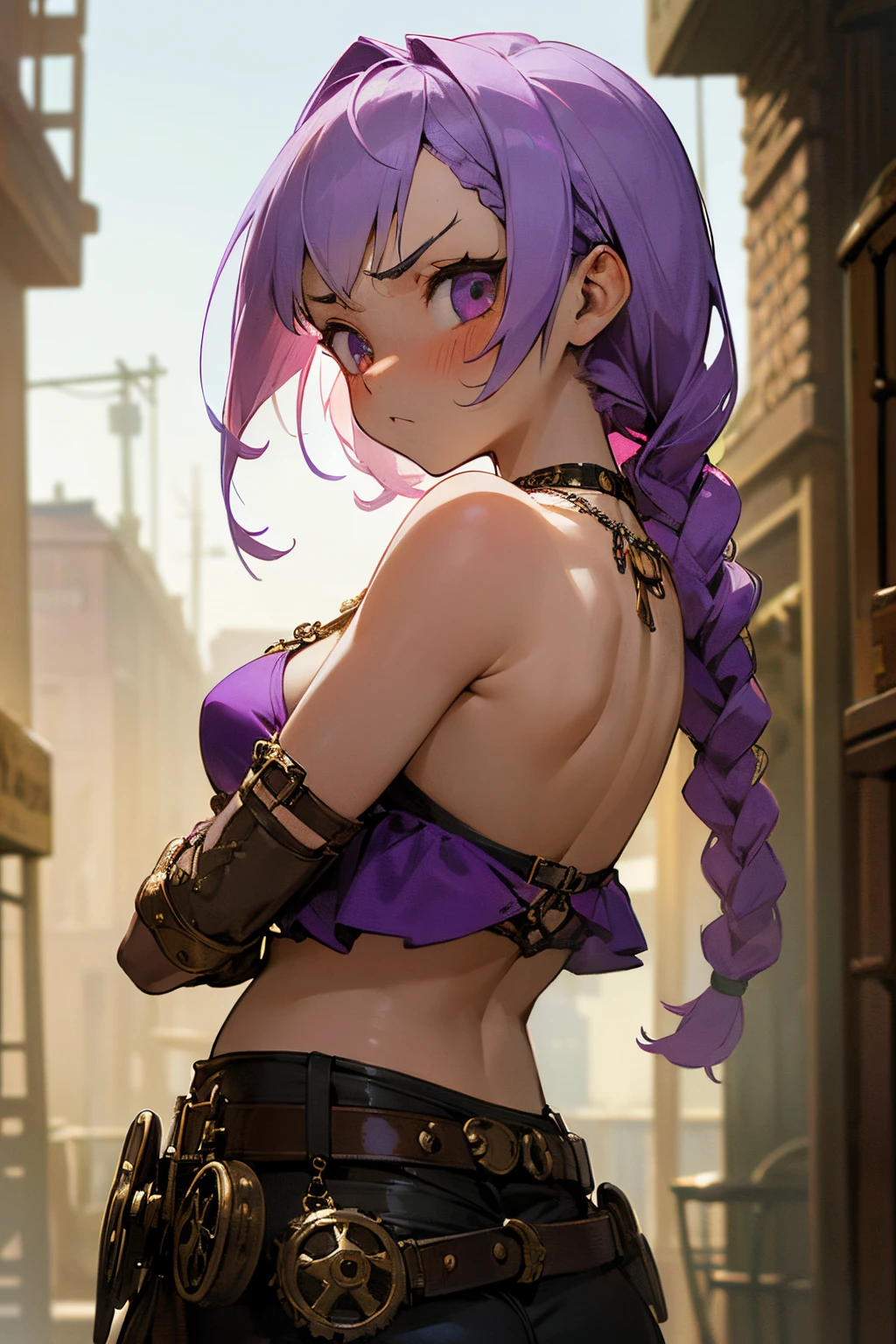 ((Masterpiece)), (highly saturated), (RAW photo: 1.2), (best quality:1.2), from behind, intricate details, pale purple hair, cute teenage girl, (angry, very blush), 1girl, (twin braids), single elbow glove, ragged short shorts, cute bikini top only, necklace, belt, bullet, upper body, potrait, (cute pose), (steampunk city)