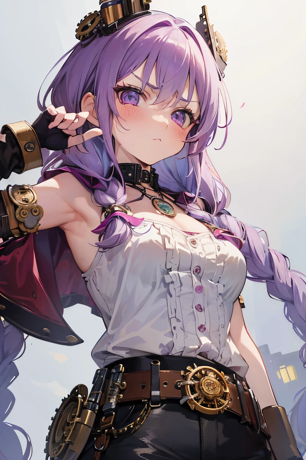 ((Masterpiece)), (highly saturated), (RAW photo: 1.2), (best quality:1.2), (from below), intricate details, pale purple hair, cute teenage girl, (angry, very blush), 1girl, (twin braids), single elbow glove, ragged short shorts, cute bikini top only, steampunk necklace, belt, bullet, upper body, potrait, (cute pose), (steampunk city)