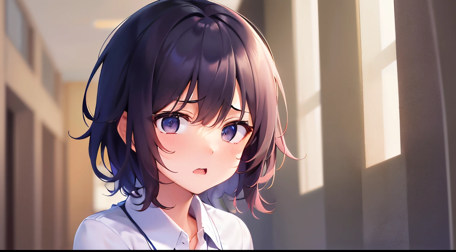 leaning forward, ​masterpiece、hightquality、Background is a school hallway、(browny short hair, black eyes)、the hair flutters with the wind、An 18-year-old woman、Wearing a high school uniform、Red ribbons、white  shirt、Blue pleated skirt、Close-up of the subject's face、(Alone:1.5)、open mouth, (Embarrassed and troubled expression:1.1)、(Only the upper body is shown.:1.3)、Bold composition、