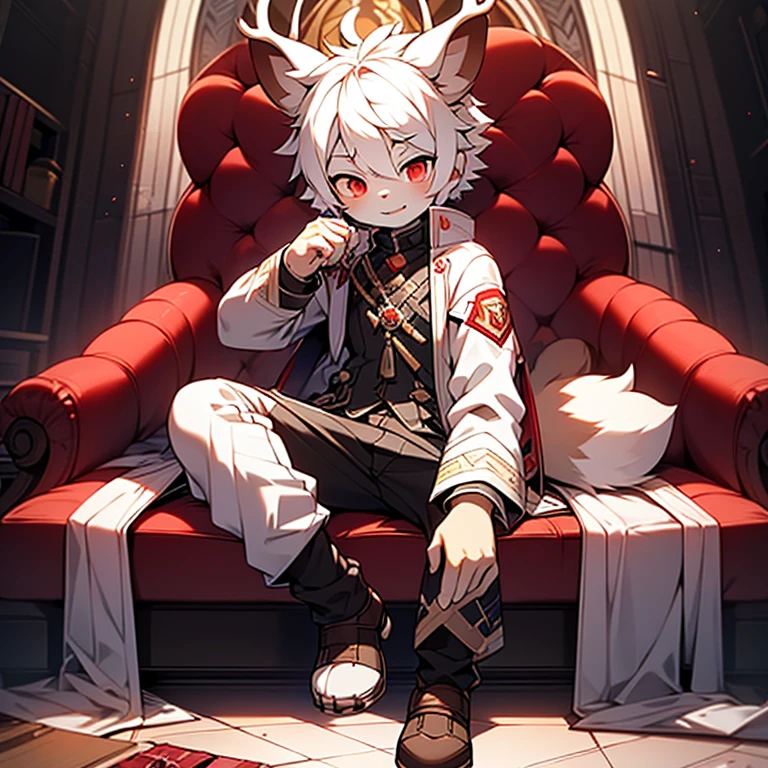 Vampire boy,Shota,deer antlers,shaggy,Deer tail,red eyes,brown and white hair,Wearing a bloody coat,Wearing translucent pants on the lower body,sit on chair,blood stains at the corners of the mouth,Holding a bloody dagger,A desire to control