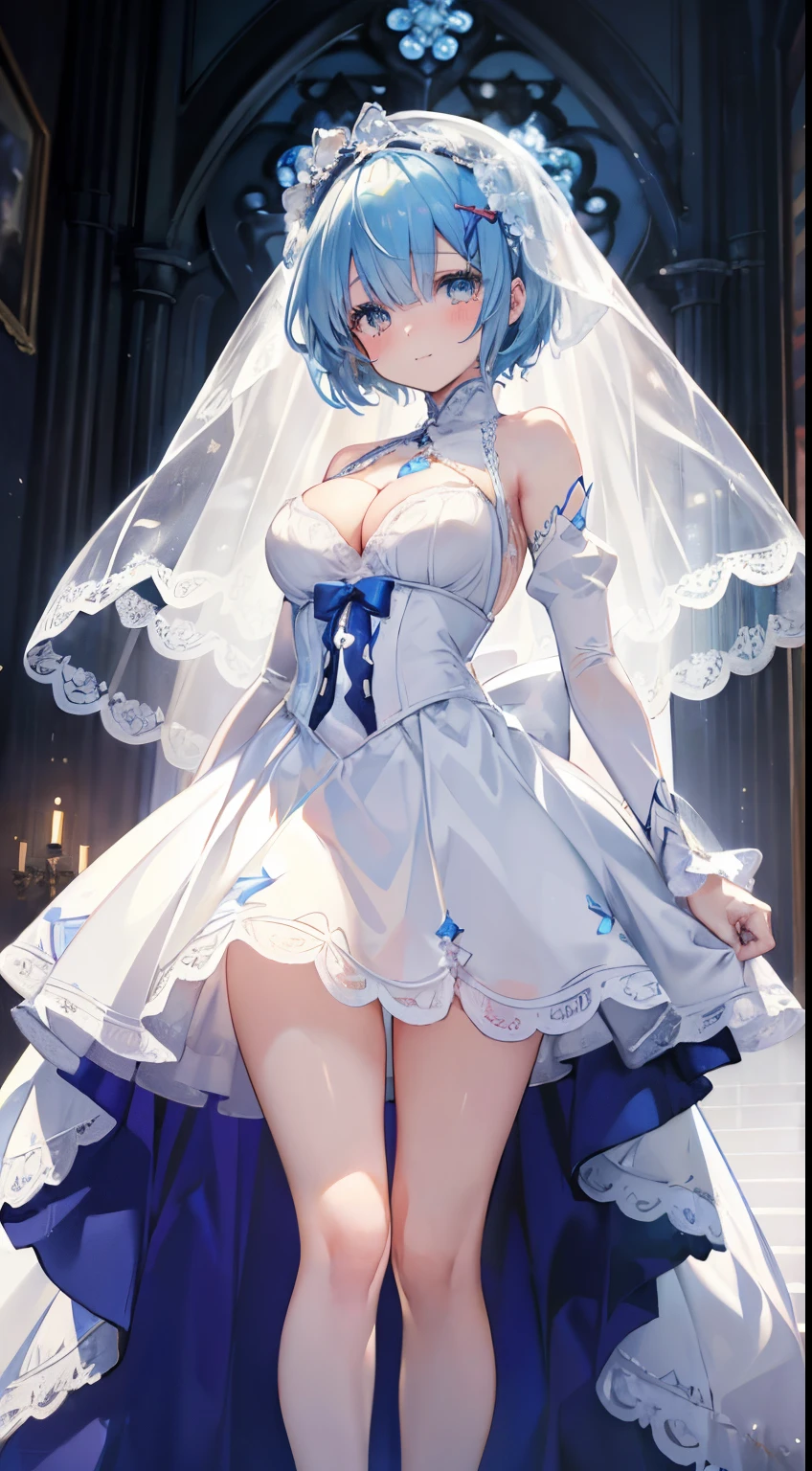 extra detailed face, Perfect Lighting, extremely details CG, 4K、8K、be shy、mournful smile、(Perfect hands, Perfect Anatomy)、Ultra-realistic photo of a girl in a beautiful white wedding dress, Big beautiful dress,all white wedding dress、Silk Veil、White dress with frills(Best Quality, masutepiece, art stations, Fantasy Art:1.2),chies,chapel、Beautiful stained glass、beautiful white bouquet、Beautiful cute girl, Rem of Rezero、Height 150cm、(Blue shorthair:1.3), Bangs hide one eye、Tears of joy、(intricate short white skirt, Bare legs:1.2, Full body shot)、very Bigger breasts、cleavage of the breast、Nipples show through、、No pubic hair(Clearly visible detailed female pubic shape: 1.4)、skirt rift、Thin leg、Skinny Legs、very very short skirt、low angles、Peeking out the skirt from below、Opera Globe
