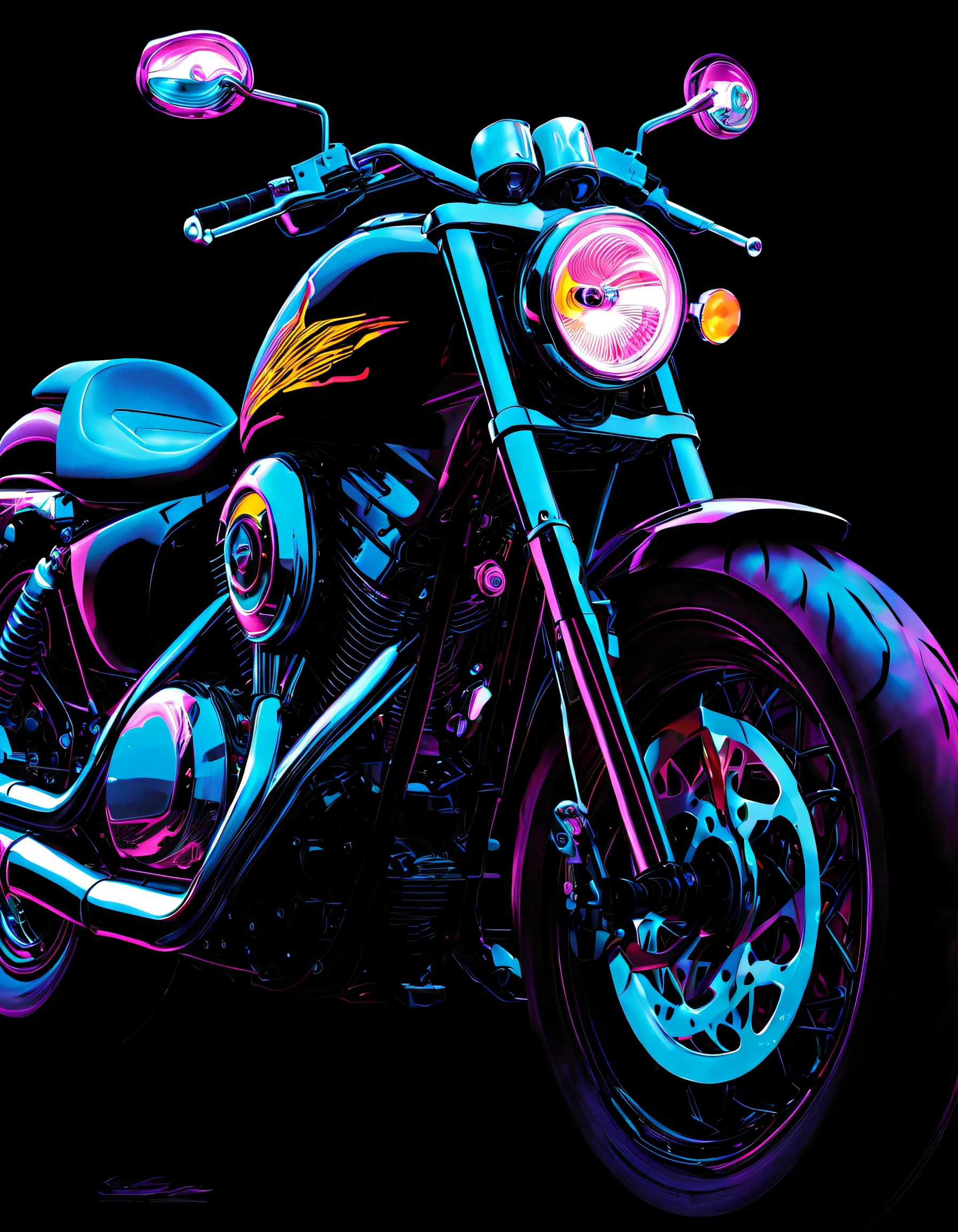 （Black light poster art )，（the motorcycle），Black light poster art ，with black background，hight contrast, high saturated，