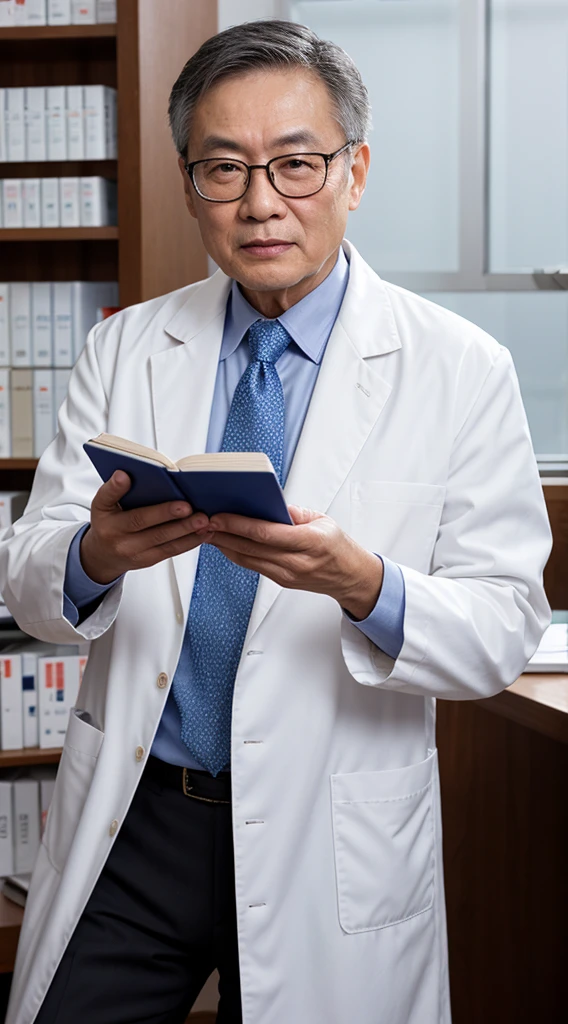 Best Quality, Super High Resolution, 1.4 times realistic, Chinese image, pharmacy background, holding book, white coat, doctor, face wrinkled, eyes very bright, 60 years old, wearing glasses, male doctor, face, full body, sit in a chair at work