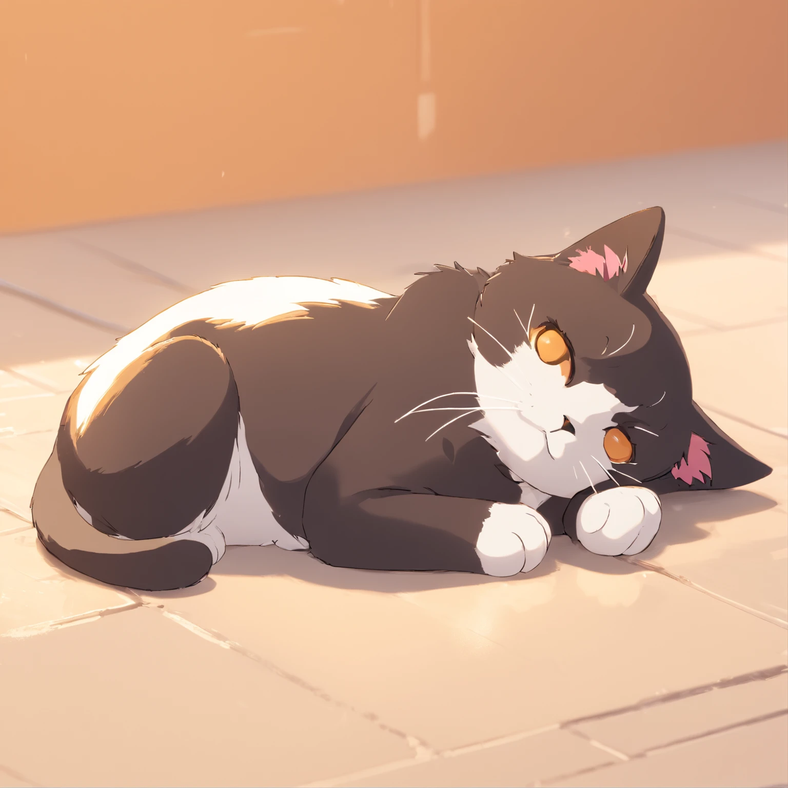 Cute isometric cat emoticon, tuxedo jack, black and white cat, Fluffy and cute,  Lie down and close your eyes ，  Head down soft golden background, soft and muted colors, 3d icon clay render, springtime: 120mm, 3d blender render, Trending on Polycount, modular constructivism, Orange background, physically-based renderingt,