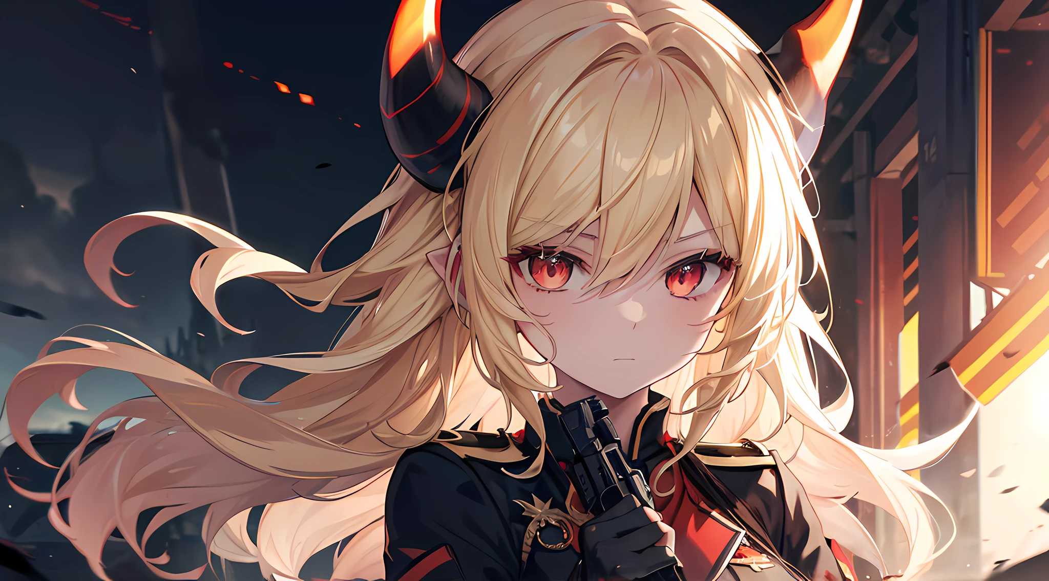 (1 demon girl), front lighting, demon horns, military uniform, holding a gun, detailed face, in the middle of world war, blonde hair, glare, wavy hair, front lighting, 8k, masterpiece, ultra HD.