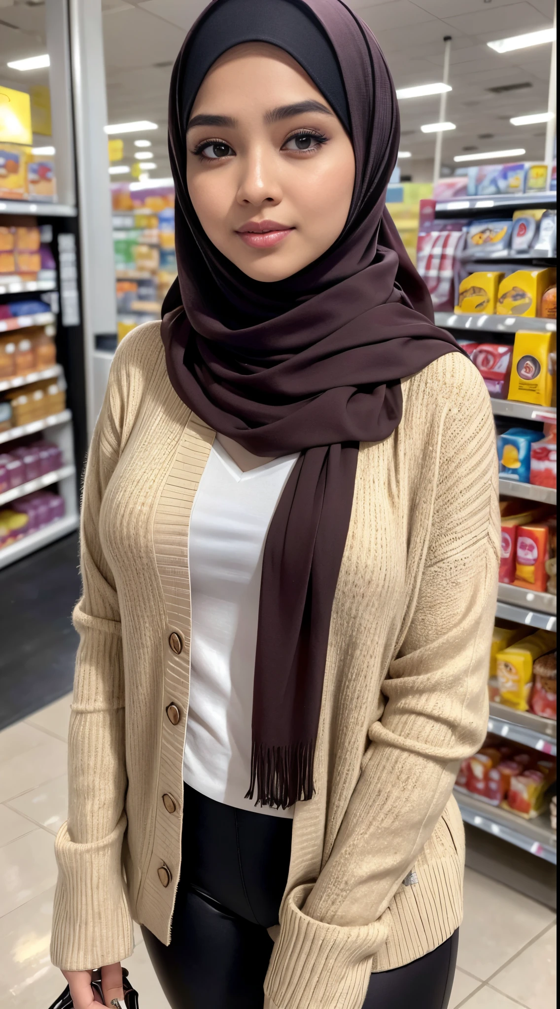 RAW, Best quality, high resolution, masterpiece: 1.3), beautiful Malay woman on hijab (iu:0.8), perfect nose,perfect lips, perfect eyes, detail :1.2),big breast,1 Malay girl, modern plain hijab,full body image detail, watery eyes, RAW, Best quality, high resolution, masterpiece: 1.3),big breast, perfect nose,perfect lips, perfect eyes, detail :1.2), soft smile, in random colour shirt and a cardigan , leggings, standing in supermarket, background, casual pose, photo taken in 2 0 2 0, 25 years old woman, malaysian, with a tree in the background, beautiful girl, taken in 2 0 2 0,full body