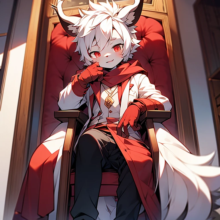 Vampire boy，Shota，deer antlers，shaggy，Deer tail，red eyes，brown and white hair，Wearing a bloody coat，Wearing translucent pants on the lower body，sit on chair，blood stains at the corners of the mouth，Controlling behavior