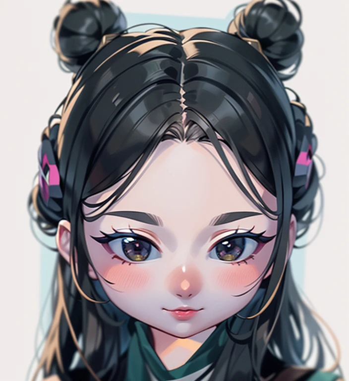 Double buns hair style, (masterpiece, top quality, best quality, official art, beautiful and aesthetic:1.2), (1girl:1.3), extreme detailed,(fractal art:1.3),colorful,highest detailed, full black eyes, small nose, small mouth, closed mouth