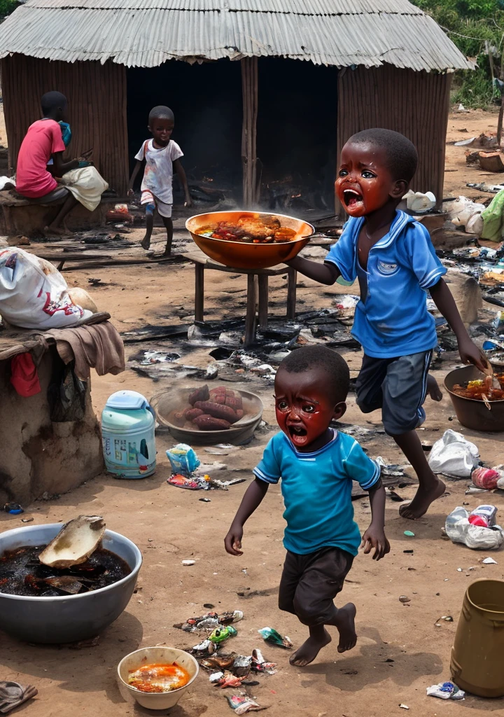 An Angolan with a bowl of feijoada crying, torn clothes, shacks and lack of basic sanitation Another childing away hungry, rubbish and fire pits