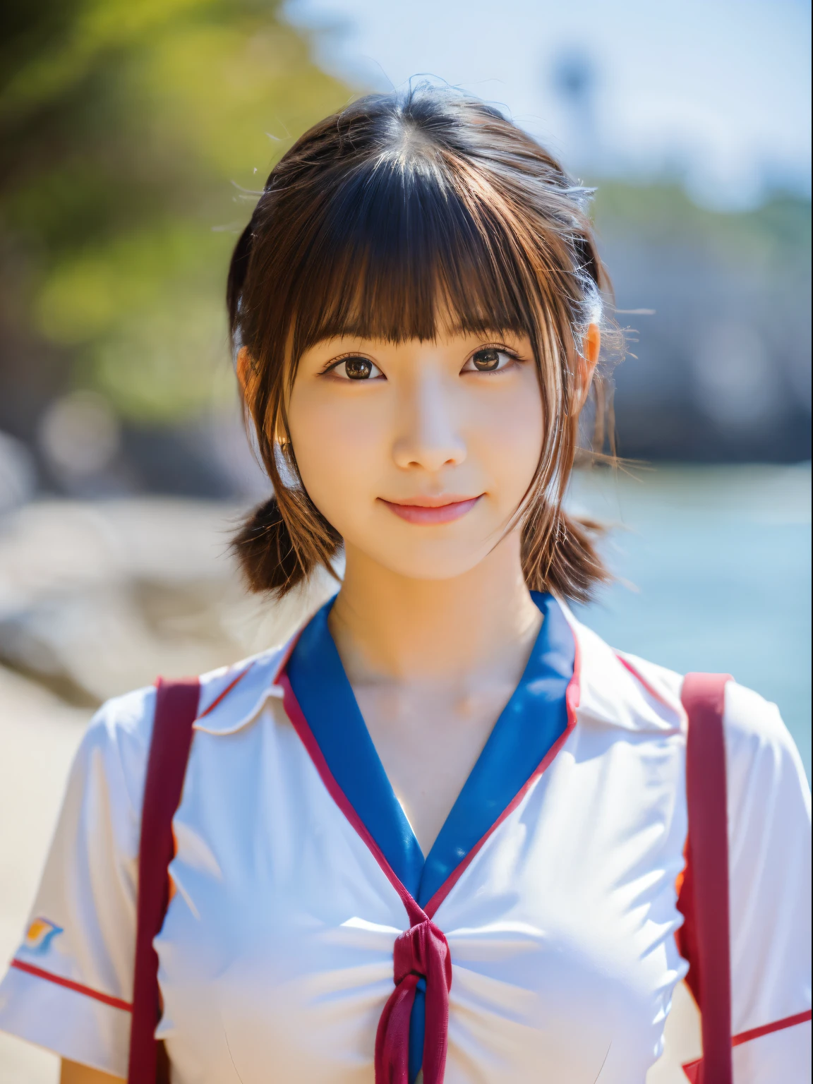 ((of the highest quality, 8K, masutepiece: 1.3)), 1girl in, Cute Japan woman emphasizing slender abs: 1.3, (Random hairstyle, Standard breasts: 1.2), uniform: 1.2, 1 Boil, Cute Japan that emphasizes slender abs No: 1.4, (Random hairstyle, Standard breasts: 1.2), uniform: 1.2, Beach, Super Detailed Face, Detailed eyes, 二重まぶた