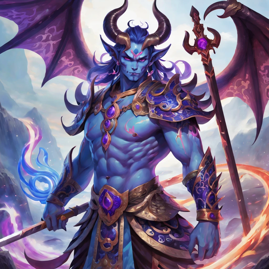 Best quality at best，Chinese mythology，asuras，king of demons，terrible death，Light blue skin，dark sharp eyes，sword in hands，horns on head，fit-muscled body，elegant armor，(Devil wings)，Elaborate patterns，Glowing aura，Surrounded by purple flames，Deserted battlefield background，Conquer demons and evil spirits，(salama)，Divine wrath，majestic and powerful，mythological creatures