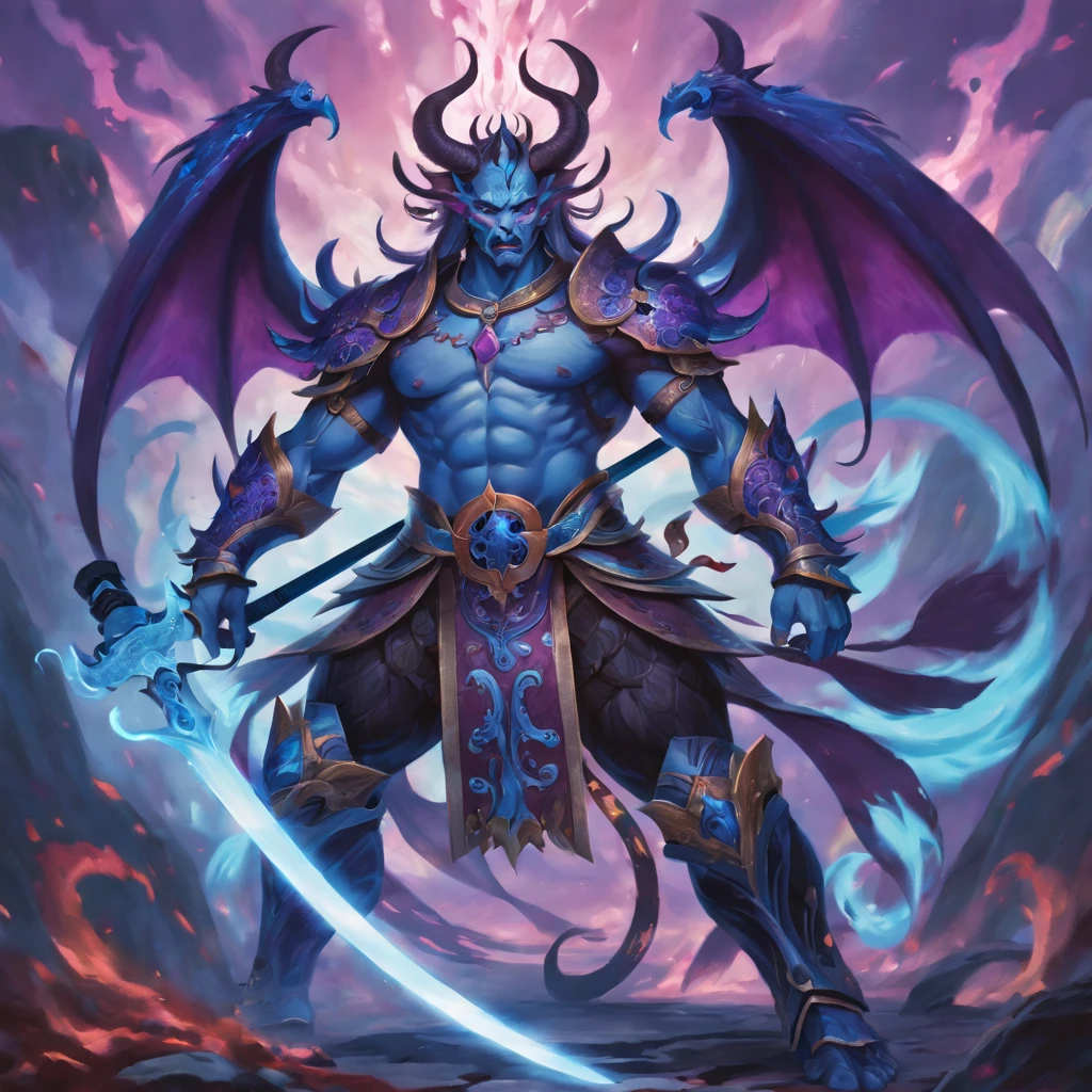 Best quality at best,Chinese mythology,asuras,king of demons,terrible death,Light blue skin,dark sharp eyes,sword in hands,horns on head,fit-muscled body,elegant armor,(Devil wings),Elaborate patterns,Glowing aura,Surrounded by purple flames,Deserted battlefield background,Conquer demons and evil spirits,(salama),Divine wrath,majestic and powerful,mythological creatures