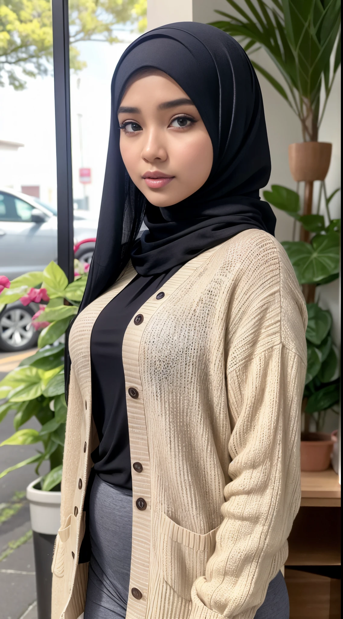 RAW, Best quality, high resolution, masterpiece: 1.3), beautiful Malay woman on hijab (iu:0.8), perfect nose,perfect lips, perfect eyes, detail :1.2),big breast,1 Malay girl, modern plain hijab,full body image detail, watery eyes, RAW, Best quality, high resolution, masterpiece: 1.3),big breast, perfect nose,perfect lips, perfect eyes, detail :1.2), soft smile, in random colour shirt and a  cardigan , leggings, standing in supermarket,  background, casual pose, photo taken in 2 0 2 0, 25 years old woman, malaysian, with a tree in the background, beautiful girl, taken in 2 0 2 0,full body