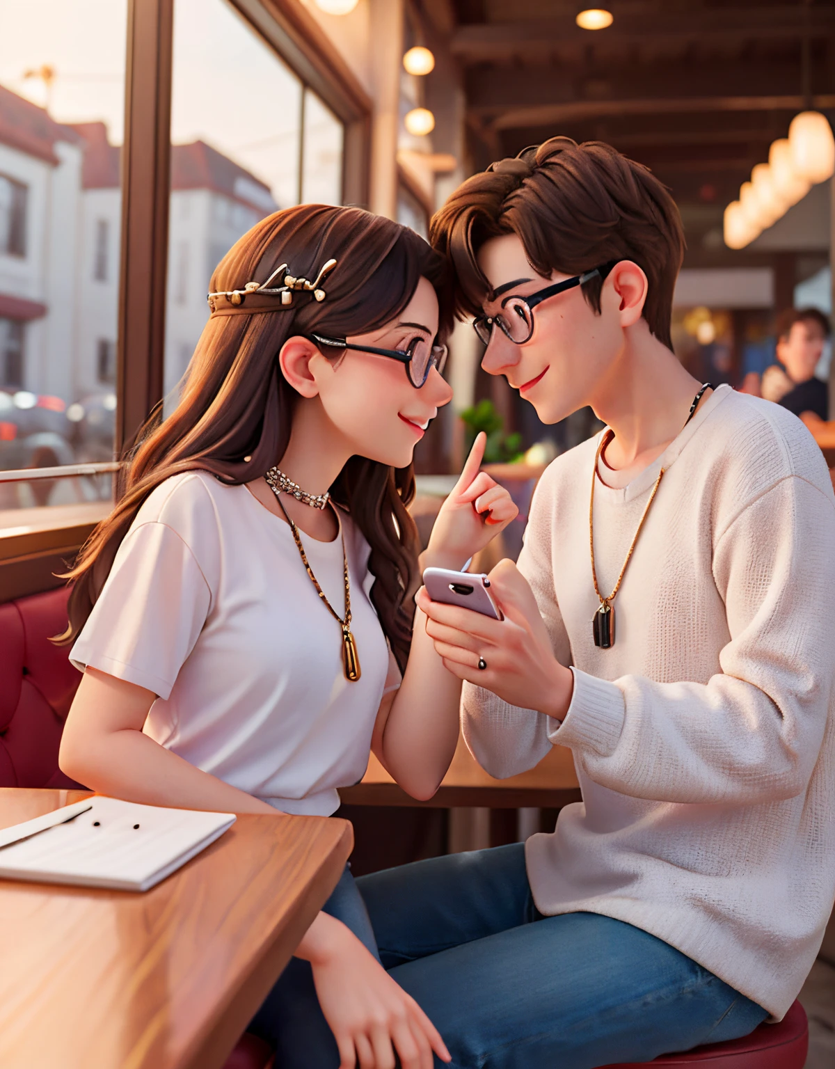evening.Couple in love.A guy and a girl are sitting at a table in a restaurant near the window.They both wear glasses.They rested their heads against each other,Face to face.They're smiling.The girl is sitting on the right,guy on the left.The guy is dressed in a white shirt.And the girl is wearing a white top,and on her neck hangs a silver chain with a treble clef.Shooting with iPhone XS.