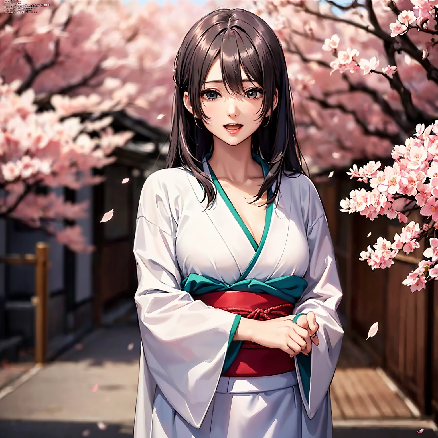(top-quality、masterpiece、very high res、An ultra-high picture quality、High quality pixels)、(1girl in,She is a very beautiful woman、and she is 20 years old、1 person、Single、Beautiful face,She is a very beautiful woman)、(Beautiful face written in detail,Beautiful body,Strong-willed eyes,Beautiful eyes,Beautiful hair,Beautiful skin texture)、(Beautiful hair quality,Variety of hairstyles)、(Slender body and beautiful breasts)、(Lovely smile,Open mouth)、(beautiful colored kimono,Wearing a Japan kimono,adult-like),(Cherry blossoms,Rows of cherry blossom trees at night,model poses,modelshoot,Magazine shooting,Hair flutters under the influence of the wind),The wind is blowing、Beautiful Art Style,an animated character、(The whole picture、Detailed picture、accurate anatomy、Defect-free images、extremely detailed picture、Accurate images、image perfect)、(Best Shot Photo 1.2)