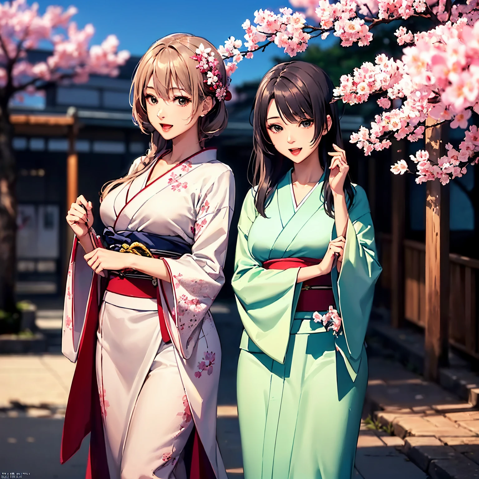 best quality, masterpiece, 

Three Japanese high-school short girls with cute style, 

looking straight ahead and striking a gutsy pose are standing (separately:1.4), side by side, 

wearing a striking(yellow, red, blue, green) kimono with a flower motif, 

(A kimono with floral patterns, particularly on the shoulders and chest:1.7)
(A kimono that completely conceals the chest and shoulders, revealing no skin at all:1.7)


(High-school-girls with a white short scarf, a white feather shawl around her neck:1.5),,

 (High-school-girls who are almost the same height:1.7),

(Japanese kimono:1.7),(innocent and pure high-school short girls:1.7),


((too much smile)), very cute, face, head and waist fully visible, 

upper arms hidden by clothes and hair, 

(only one well-shaped beautiful mount Fuji is completely covered with white snow from top to bottom:1.5), 

(vermilion shrine entrance:1.2), very thick and large pine trees, winter(season),

 Snow is accumulating on the roof and pine trees. ,(outdoors:1.5),