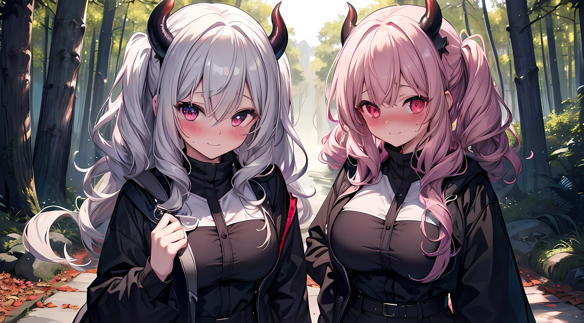 (1 demon girl), front lighting, (detailed face), masterpieces, 8k, ultra HD, succubus outfit, walking in forest on daytime, gray hair, curly hair, (blushing: 1.5), toothy smile, heart eyes, front lighting