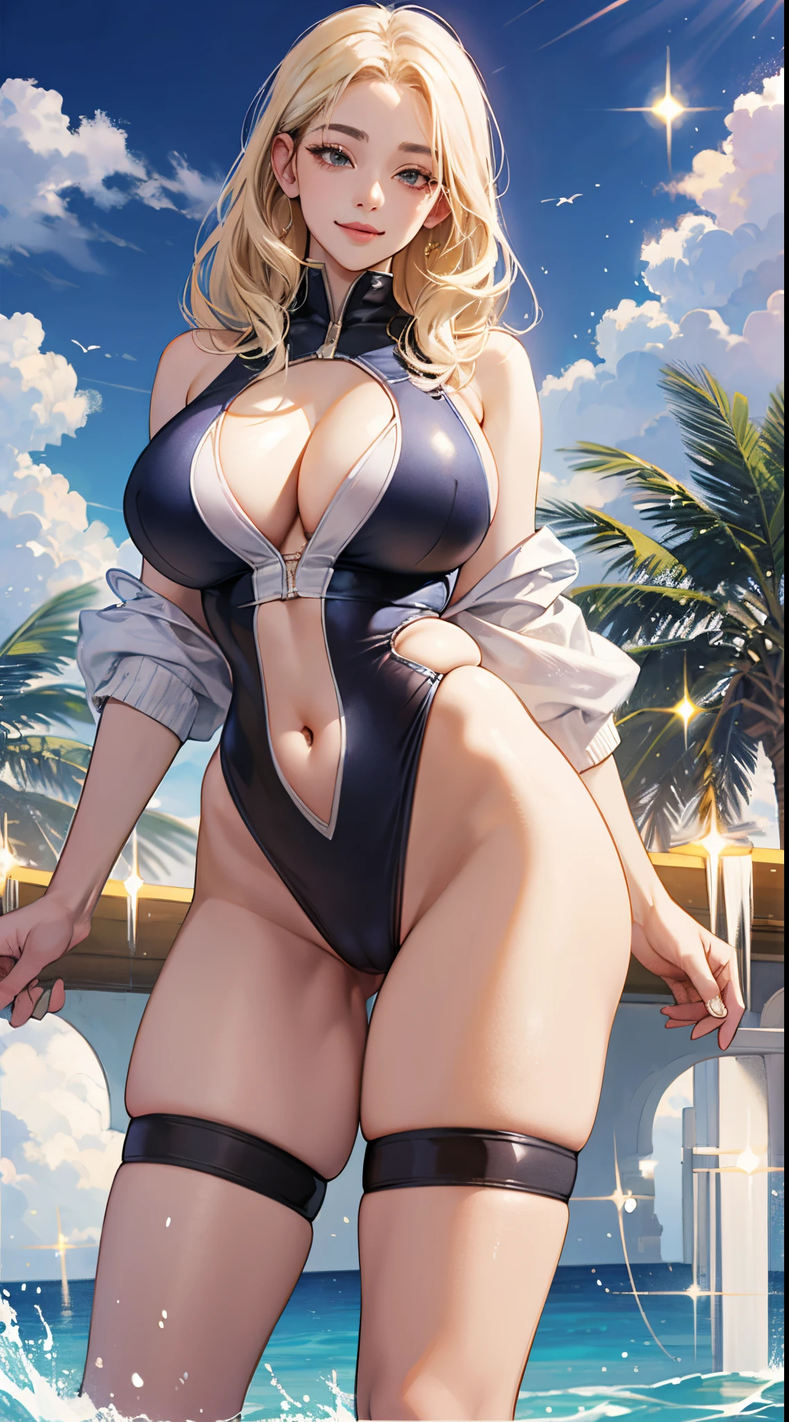 top-quality、realistic touch,high-detail、photoRealstic、Long body、captive beauty、big eye、huge tit、Strong platinum blonde eyelashes、platinum-blonde、Beautie、A sexy、full body Esbian、Sparkling eyes、Submissive smile、Flushed cheeks、Kamimei、thin-waist、Voluptuous thighs、Enraptured look、Raked bangs、The forehead is protruding、Competitive swimsuit、camel toe