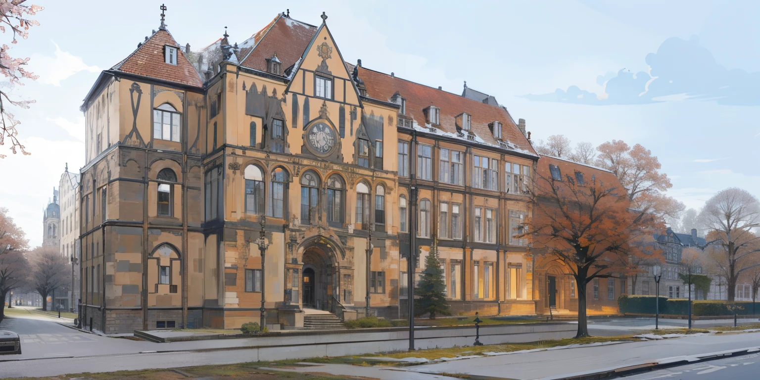 There is a large building with a clock at the front, Heidelberger Schule, Altbau, Historisches Setting, Historisches Bild, Complete building, the photo shows a large, fzd school of design, detmold, Bild in der Mitte, Rathaus, Deutsche Renaissance-Architektur, Vorderansicht, Cladding of the building, by Thomas Häfner, brick buildings