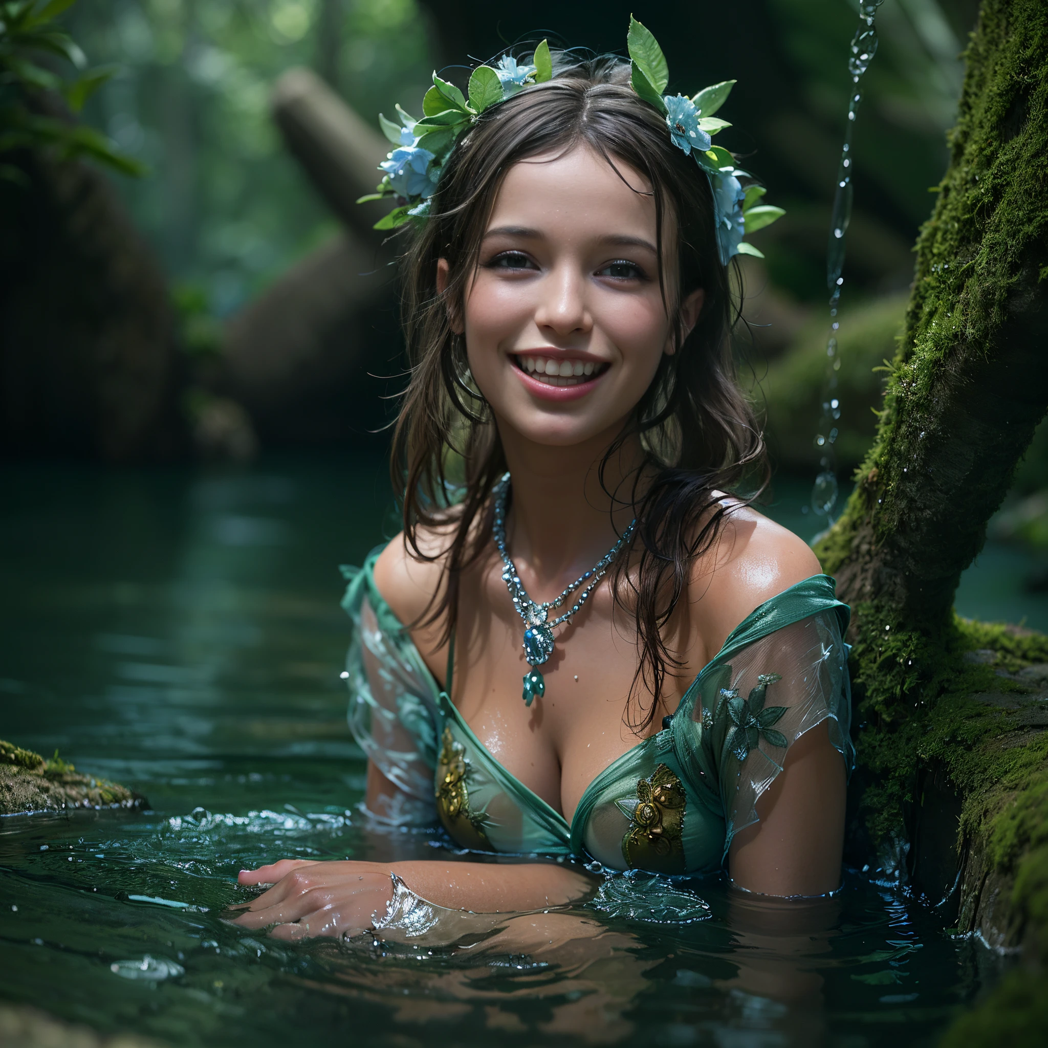 (Best quality, 8k, 32k, Masterpiece, UHD:1.2) water nymph welcomes you to her private lagoon, deep in the woods, jewelry, clothed, sfw, central europe, closeup, smile, renatadaninsky