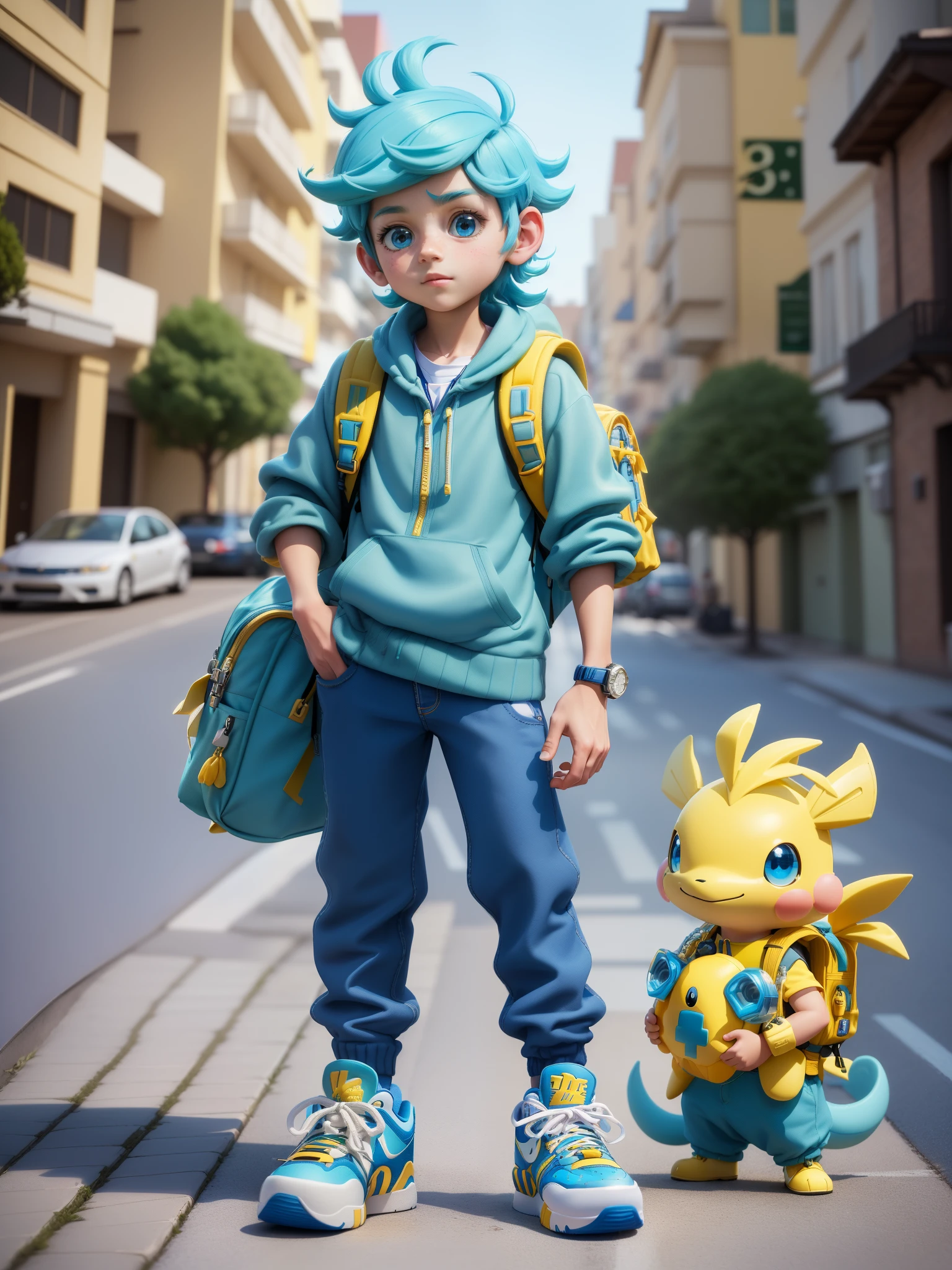 (Best quality at best,4K,8K,A high resolution,tmasterpiece:1.2),ultra - detailed,(actual,realistically,realistically:1.37),Toy style,lovely boy,Cute face,[White Nike Air Force 1 shoes],Blue hair,Carrying a rucksack,Standing next to the yellow Pokémon,3D anime style
