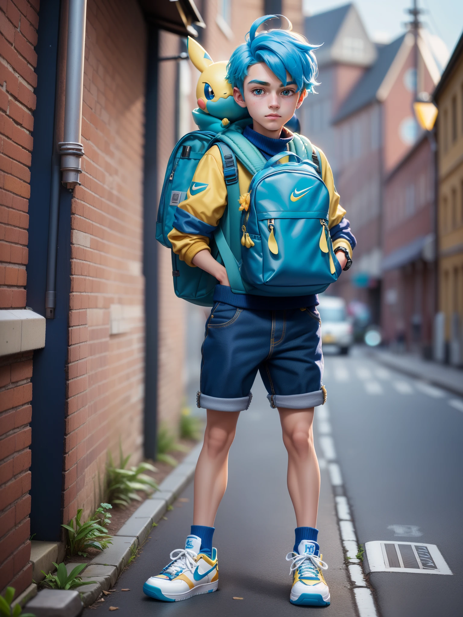 (Best quality,4K,8K,A high resolution,tmasterpiece:1.2),ultra - detailed,(actual,realistically,realistically:1.37),Toy style,lovely boy,Cute face,[White Nike Air Force 1 shoes],Blue hair,Carrying a rucksack,Standing next to the yellow Pokémon,3D anime style