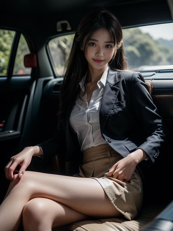 ((top-quality、in 8K、masterpiece:1.3、Raw photo))、Super high quality photos, Inside a luxury limousine running through a tropical jungle, ((Wearing a business suit with jacket and skirt)), ((Beautiful Japanese woman sitting on a seat)),((Wear a white blouse shirt under the jacket)), ((Perfect beauty 20 year old idol Japan woman)), ((burst into laughter)), ((protruding nipples under the shirt,,)), ((slim figure)), ((Slim legs)), ((slim thigh)), (Photorealistic: 1.4), (Ultra-high detail), (hyper realisitic: 1.4), (Realistic: 1.3), (Smooth lighting: 1.05), Full body, 1girl in, Solo, (Japanese actressl), 20yr old, cinematlic lighting, ((Leaner figure)), Good anatomy, Correct anatomy, Inside a limousine driving through a tropical jungle, ((Perfect beauty 20 year old idol Japan woman)), ((Slim legs)), ((slim thigh)), ,((Perfect beauty)), ((He has a small camping bag in one hand.)), ((Panties are visible through the skirt)), ((burst into laughter)), ((camel's toe)), ((Wearing a business suit with jacket and skirt)), ((Hands on the crotch)).