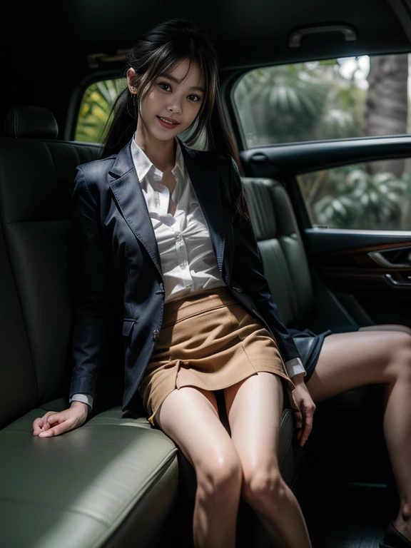 ((top-quality、in 8K、​masterpiece:1.3、Raw photo))、Super high quality photos, Inside a luxury limousine running through a tropical jungle, ((Wearing a business suit with jacket and skirt)), ((Beautiful Japanese woman sitting on a seat)),((Wear a white blouse shirt under the jacket)), ((Perfect beauty 20 year old idol Japan woman)), ((burst into laughter)), ((protruding nipples under the shirt,,)), ((slim figure)), ((Slim legs)), ((slim thigh)), (Photorealistic: 1.4), (Ultra-high detail), (hyper realisitic: 1.4), (Realistic: 1.3), (Smooth lighting: 1.05), Full body, 1girl in, Solo, (Japanese actressl),　20yr old, cinematlic lighting, ((Leaner figure)), Good anatomy, Correct anatomy, Inside a limousine driving through a tropical jungle, ((Perfect beauty 20 year old idol Japan woman)), ((Slim legs)), ((slim thigh)), ,((Perfect beauty)), ((He has a small camping bag in one hand.)), ((Panties are visible through the skirt)), ((burst into laughter)), ((camel's toe)), ((Wearing a business suit with jacket and skirt)), ((Hands on the crotch)).