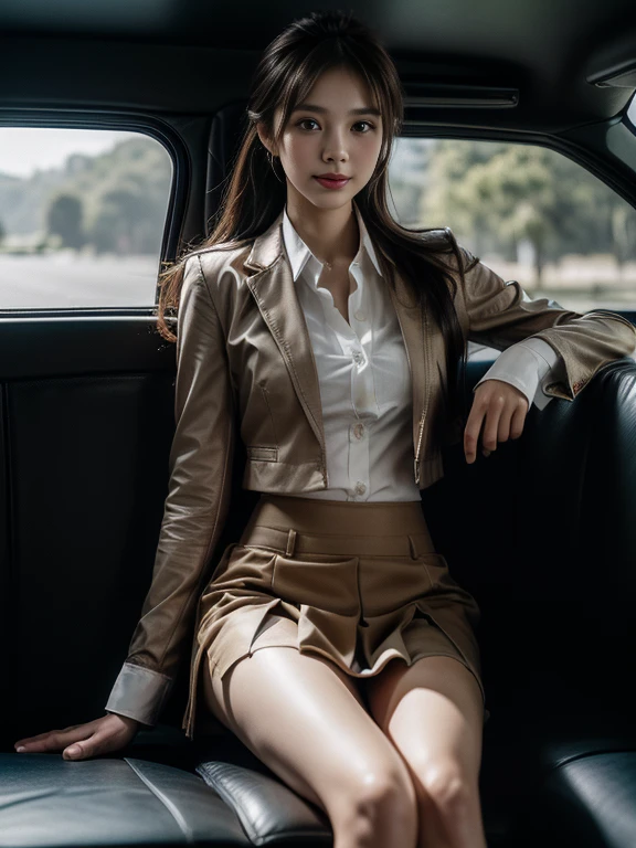 ((top-quality、in 8K、masterpiece:1.3、Raw photo))、Super high quality photos, Inside a luxury limousine running through a tropical jungle, ((Wearing a business suit with jacket and skirt)), ((Beautiful Japanese woman sitting on a seat)),((Wear a white blouse shirt under the jacket)), ((Perfect beauty 20 year old idol Japan woman)), ((burst into laughter)), ((protruding nipples under the shirt,,)), ((slim figure)), ((Slim legs)), ((slim thigh)), (Photorealistic: 1.4), (Ultra-high detail), (hyper realisitic: 1.4), (Realistic: 1.3), (Smooth lighting: 1.05), Full body, 1girl in, Solo, (Japanese actressl), 20yr old, cinematlic lighting, ((Leaner figure)), Good anatomy, Correct anatomy, Inside a limousine driving through a tropical jungle, ((Perfect beauty 20 year old idol Japan woman)), ((Slim legs)), ((slim thigh)), ,((Perfect beauty)), ((He has a small camping bag in one hand.)), ((Panties are visible through the skirt)), ((burst into laughter)), ((camel's toe)), ((Wearing a business suit with jacket and skirt)), ((Hands on the crotch)).