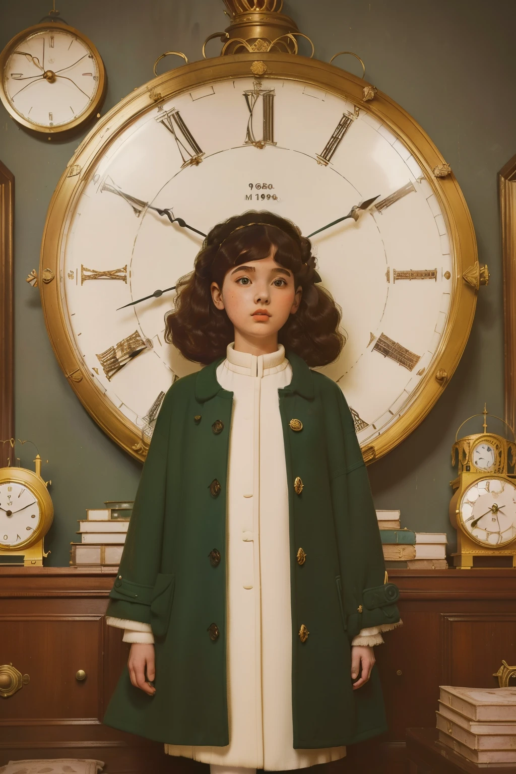 mysterious white magical city. ((wide view)) inside a Palace room full of ((many hundreds of clocks)). Pre-raphaelite ((((9--old)omo)), homeless girl, messy short curly hair, oversized coat, ((((big and unkempt Clothing from the 1960s)))), ((curly Hairstyle of the 1960s)), ((Wes Anderson cinematic style)), colorful