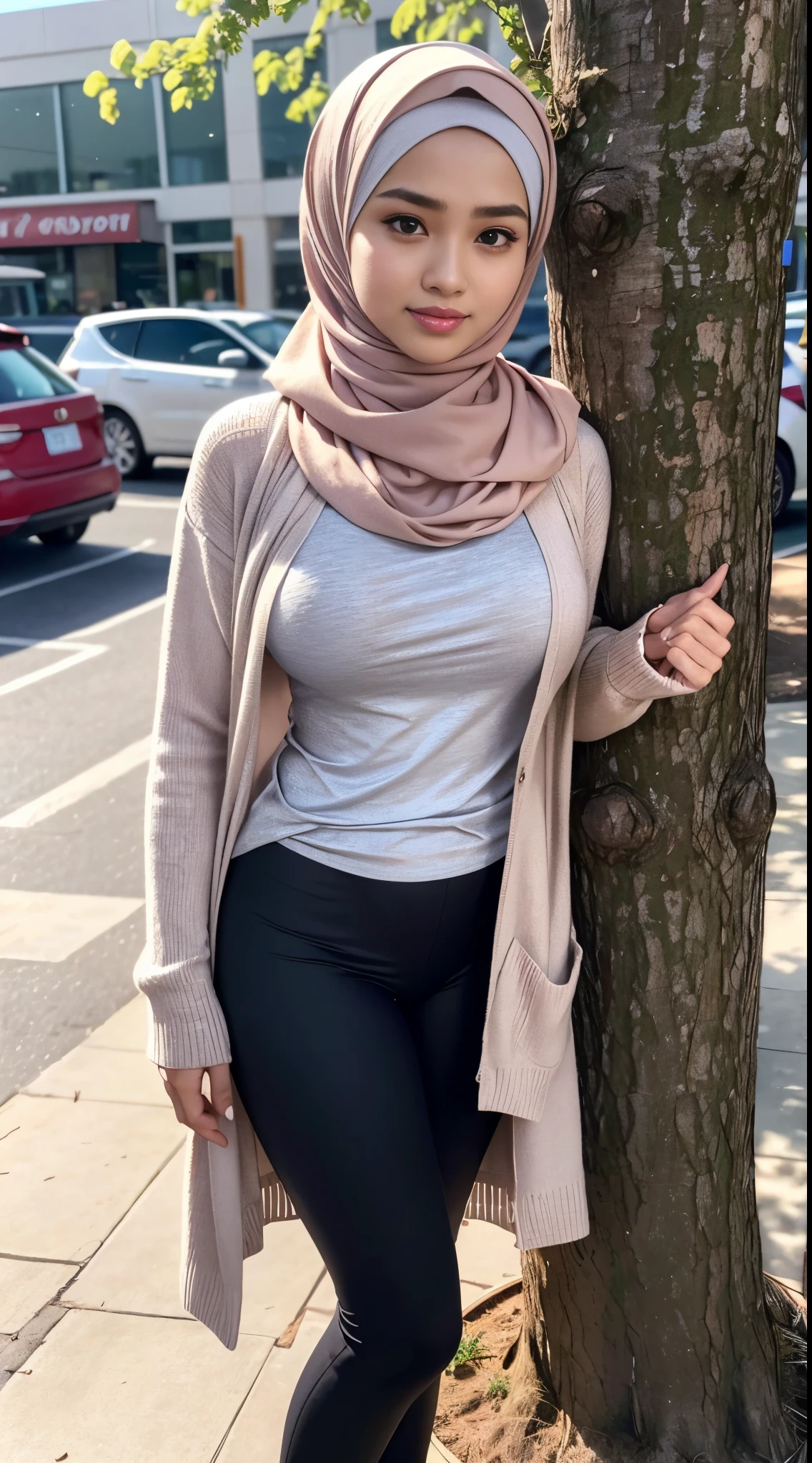 RAW, Best quality, high resolution, masterpiece: 1.3), beautiful Malay woman on hijab (iu:0.8), perfect nose,perfect lips, perfect eyes, detail :1.2),((big breast)),1 Malay girl, modern plain hijab,full body image detail, watery eyes, RAW, Best quality, high resolution, masterpiece: 1.3),big breast, perfect nose,perfect lips, perfect eyes, detail :1.2), soft smile, in random colour shirt and a cardigan , leggings, standing in supermarket, background, casual pose, photo taken in 2 0 2 0, 25 years old woman, malaysian, with a tree in the background, beautiful girl, taken in 2 0 2 0,full body