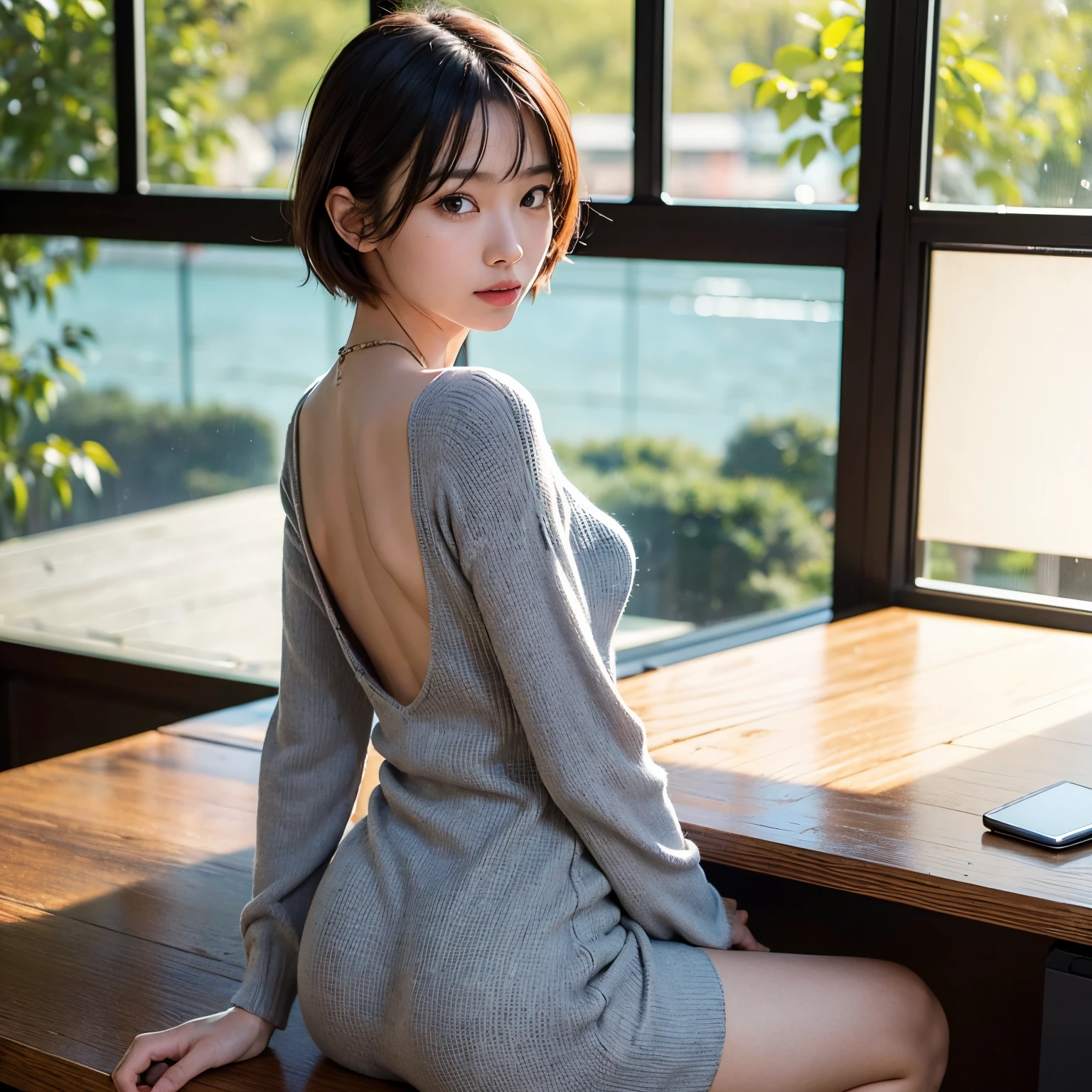 ((masterpiece,top-quality)), (photographrealistic:1.4),((masutepiece,8K)),high resolution, vibrant detail, realistic skin textures, 1 beautiful Japanese woman in, cute face, skinny figure, very small breasts, very thin waist, short hair, natural make-up, 38 years old, a tight gray knit dress with a back-open design, sitting on a desk in an office, placing both hands behind her head, full-body photo, looking back for the viewer