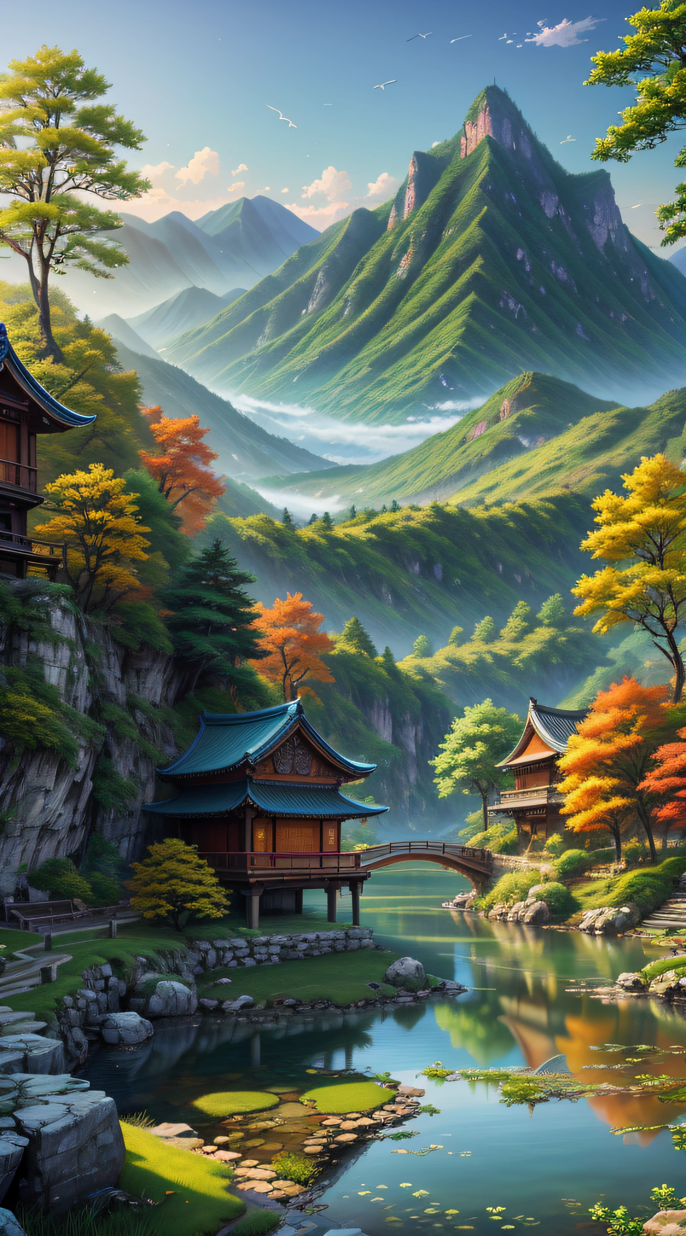 Wallpapers,scenecy,Far Mountain,Eau,Traditional Gangnam,idyllic scenery,(Very detailed CG unified 8k wallpaper),most beautiful artwork in the world,iintricate,high detal,lock focus,theatrical,Realistic Paintings art,Chinese landscape