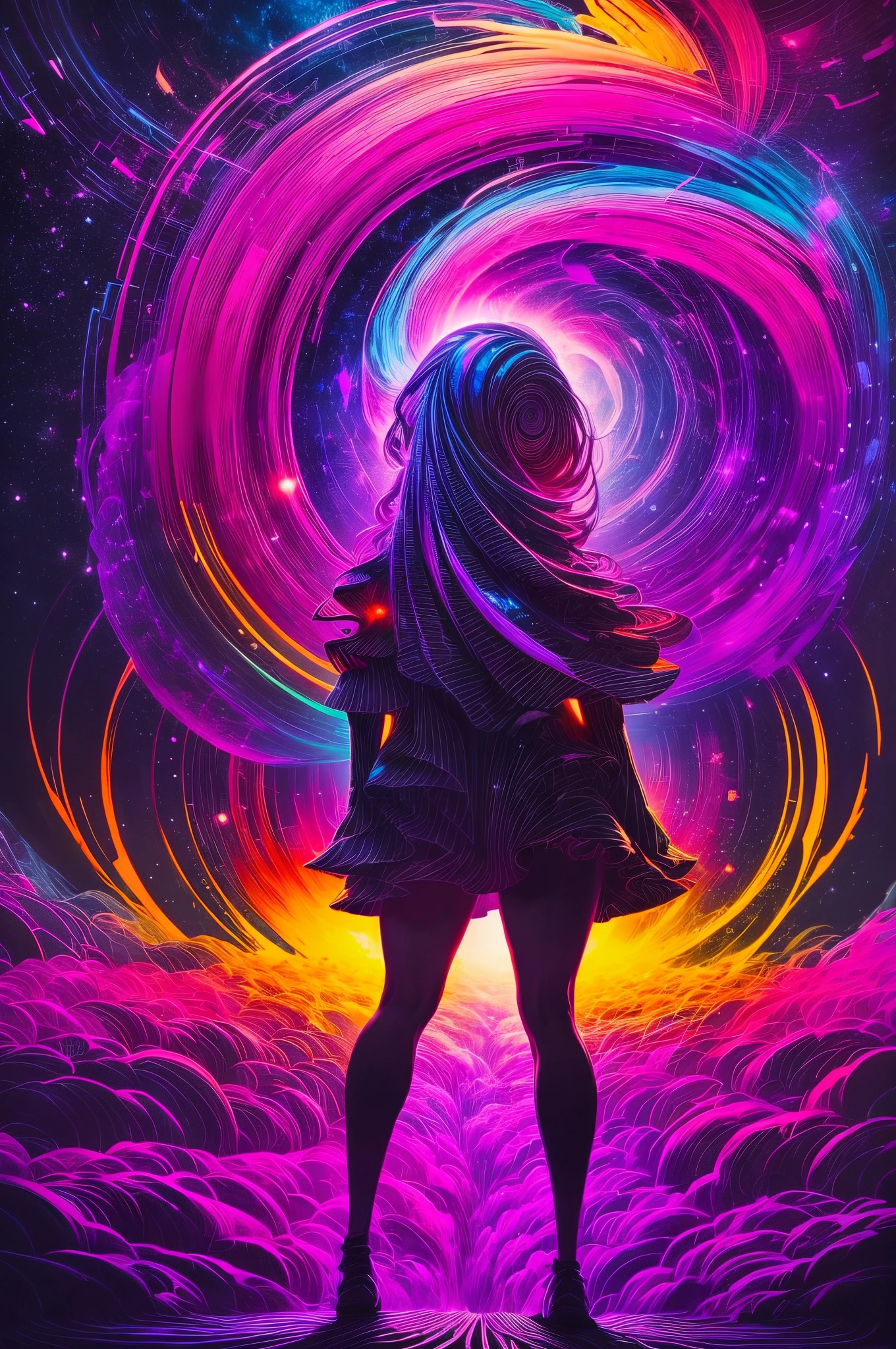 （Girl stands in front of swirl of colorful black light: 1.5），（black light art painting: 1.8）（black light uv: 1.5），(Alone)，rays of black light