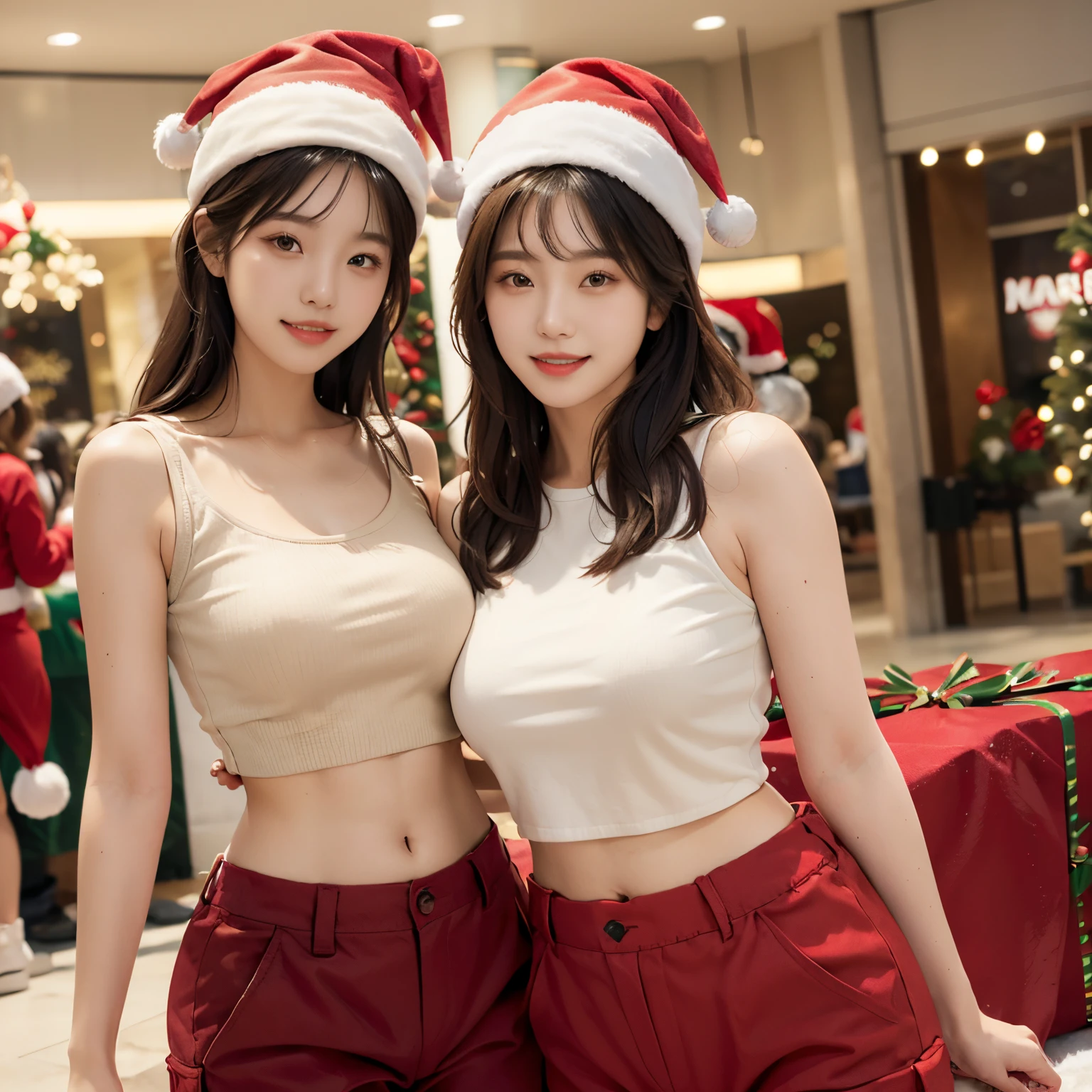 Masterpiece, Raw photo,Super chubby Asian girl, kpop idol, ((top quality, 8k, masterpiece, crisp focus, beautiful woman with perfect figure: 1.4, highly detailed face and skin texture, detailed eyes, ((skinny)), beautiful face, symmetrical face, full-length, sweet smile,full body shoot, sweet smile, wearing Christmas Suit, Super realistic, red cargo pants and white crop top, wearing Christmas hats, beautiful Christmas Party background in the shopping mall