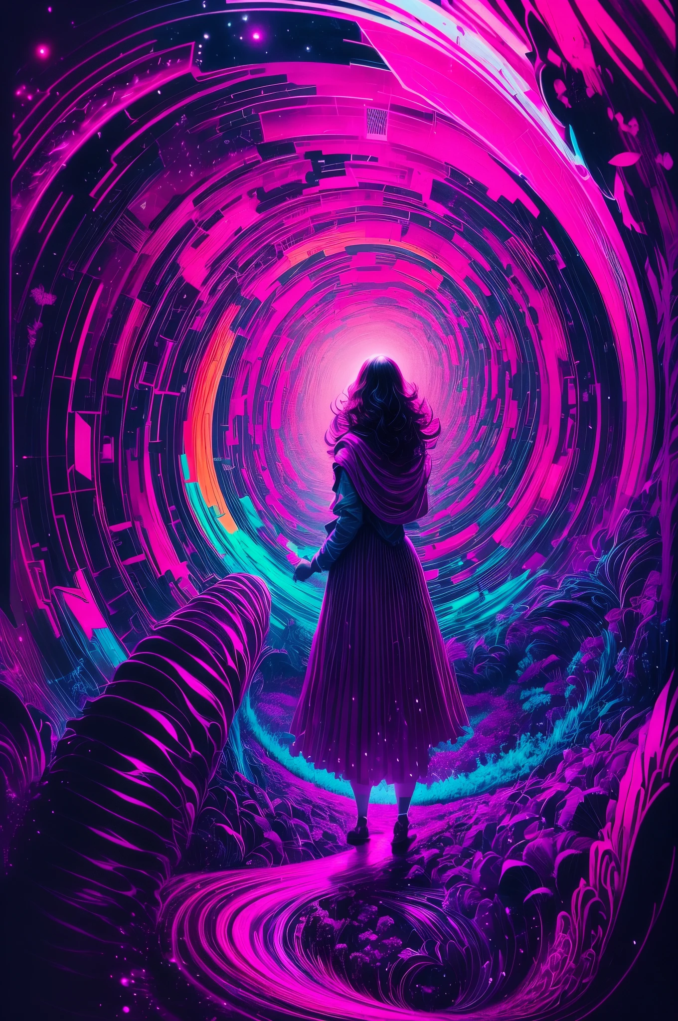 （Girl stands in front of swirl of colorful black light: 1.5），（black light art painting: 1.8）（black light uv: 1.5），(Alone)，rays of black light