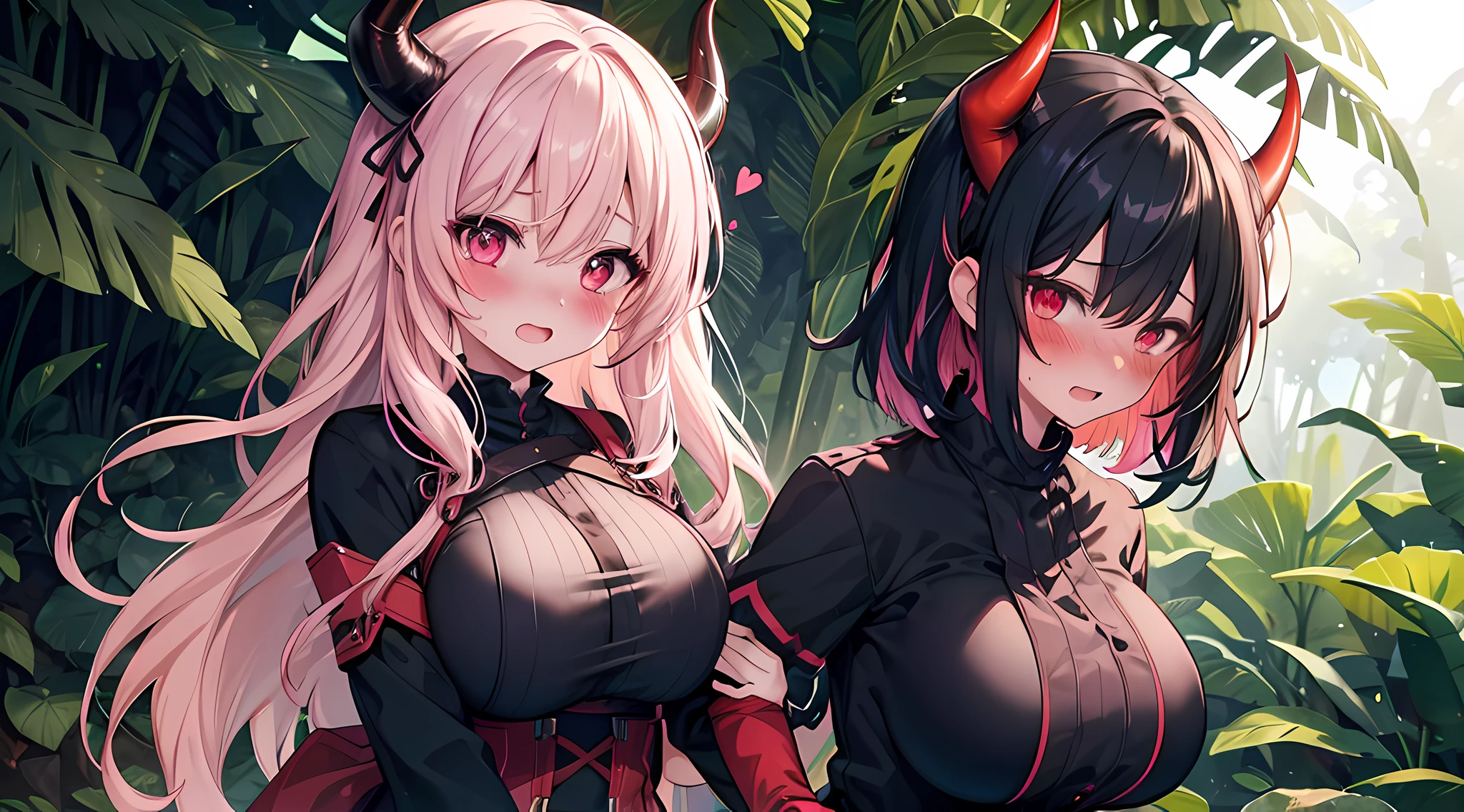 (1 demon girl), front lighting, demon horns, adventurer uniform, big ??????, detailed face, walking in tropical forest on daytime, multicolored hair, black hairpins, (blushing: 1.5), open mouth, hand holding her ??????, heart eyes, (full body:0.6), front lighting, 8k, masterpiece, ultra HD,