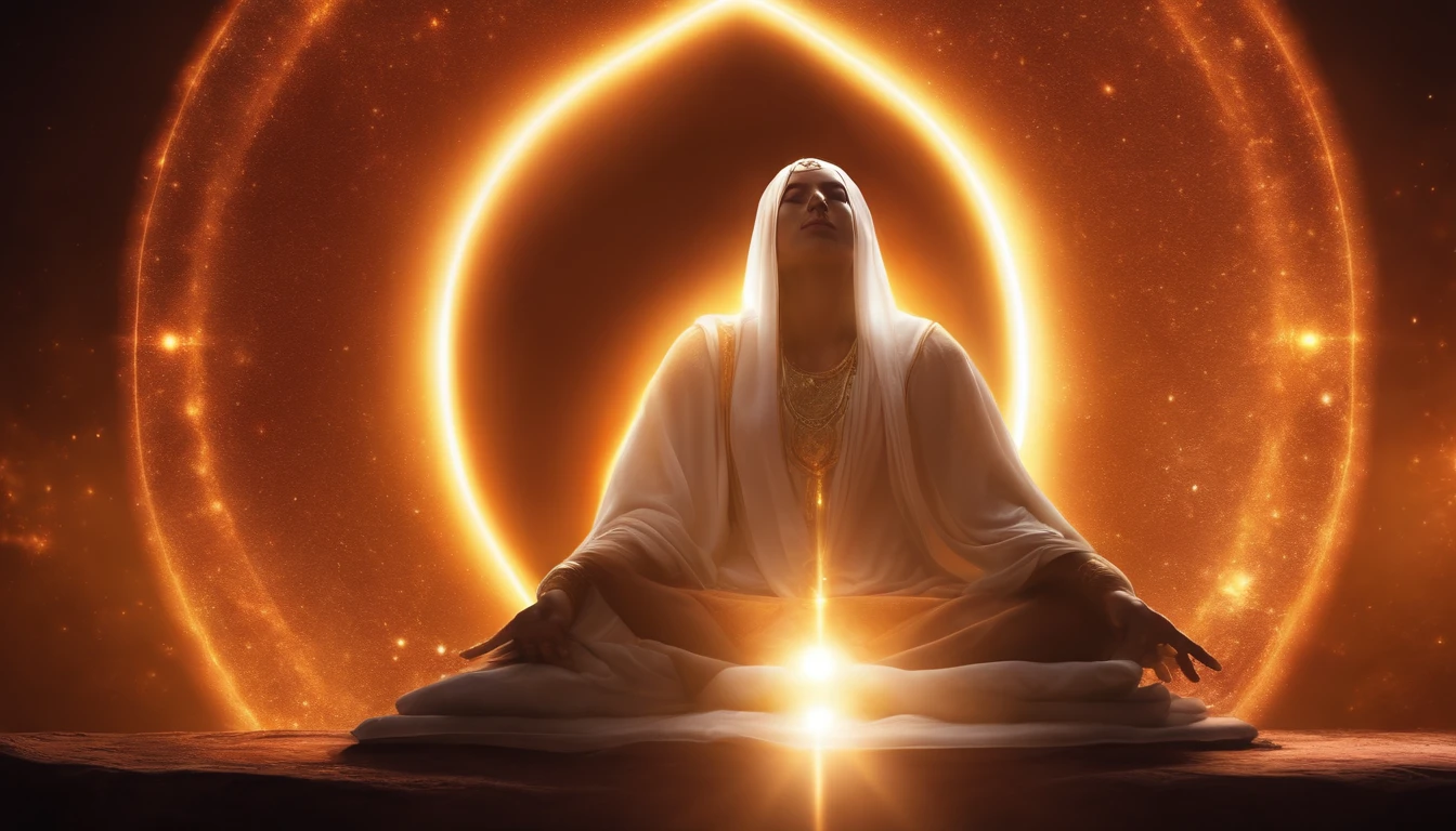a person sitting in a lotus position with a glowing halo above them, glowing holy aura, spiritual enlightenment, cosmic enlightenment, glowing dark aura, glowing electric aura, liquid glowing aura, glowing black aura, glowing aura, white glowing aura, radiating a glowing aura, enlightenment, inverse dark glowing power aura, enlightenment. intricate, elven spirit meditating in space